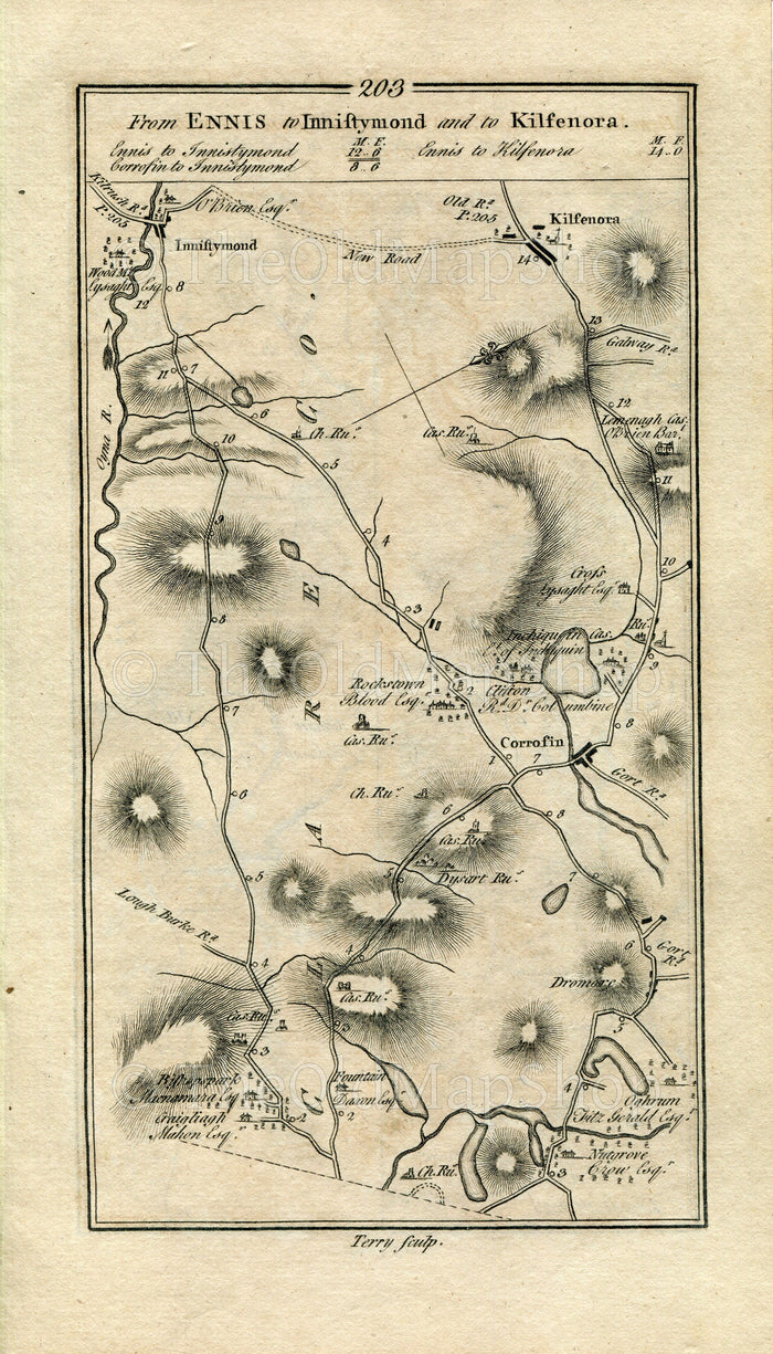 1778 Taylor & Skinner Antique Ireland Road Map 203/204 Corofin Leamaneh Kilfenora Ennistimon Clarecastle Kildysart Kilmurry McMahon Kilrush