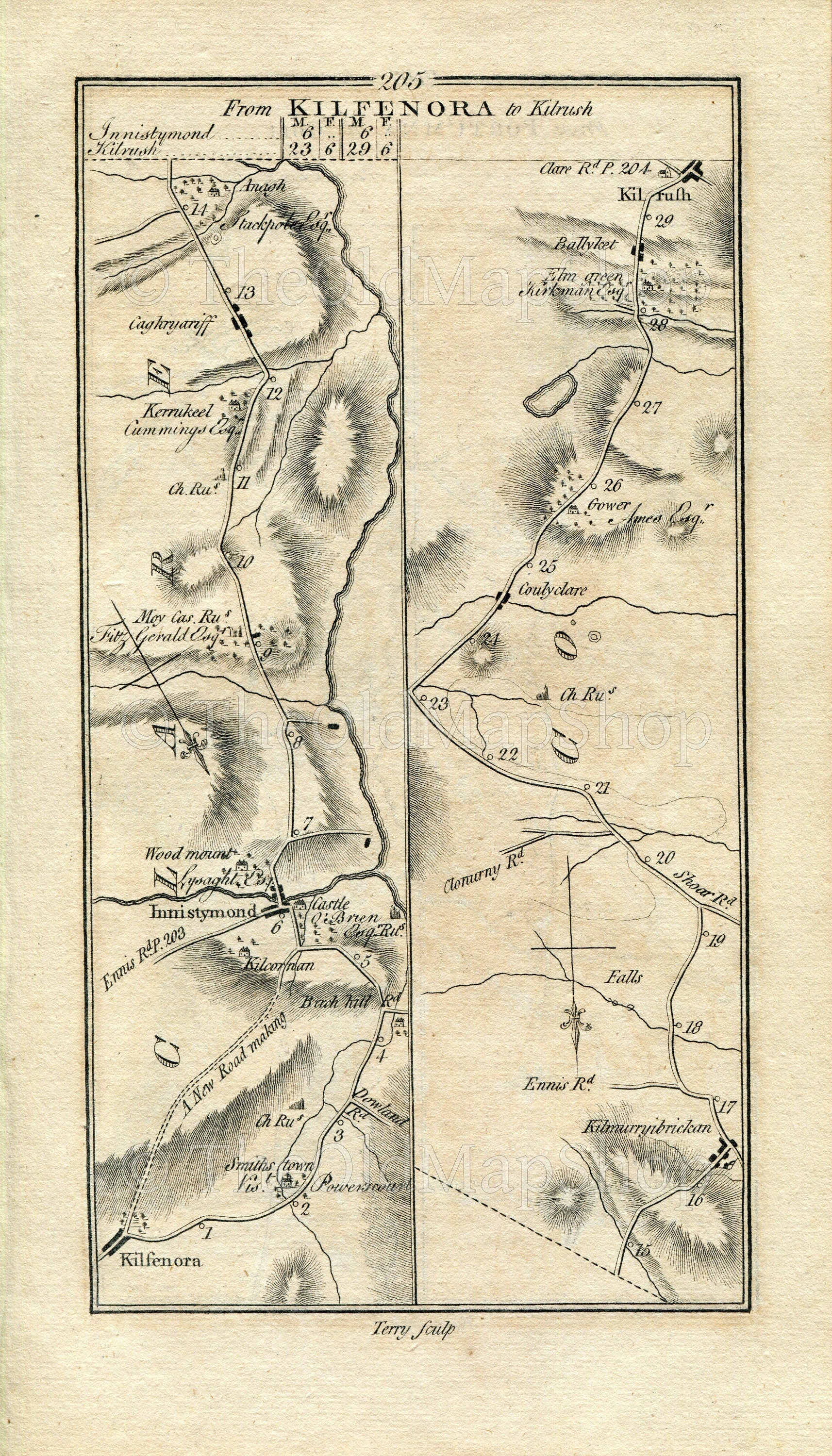 1778 Taylor & Skinner Antique Ireland Road Map 205/206 Kilfenora Ennistimon Kilmurry Ibrickane Kilrush Portumna Lisdurra Marblehill Gort