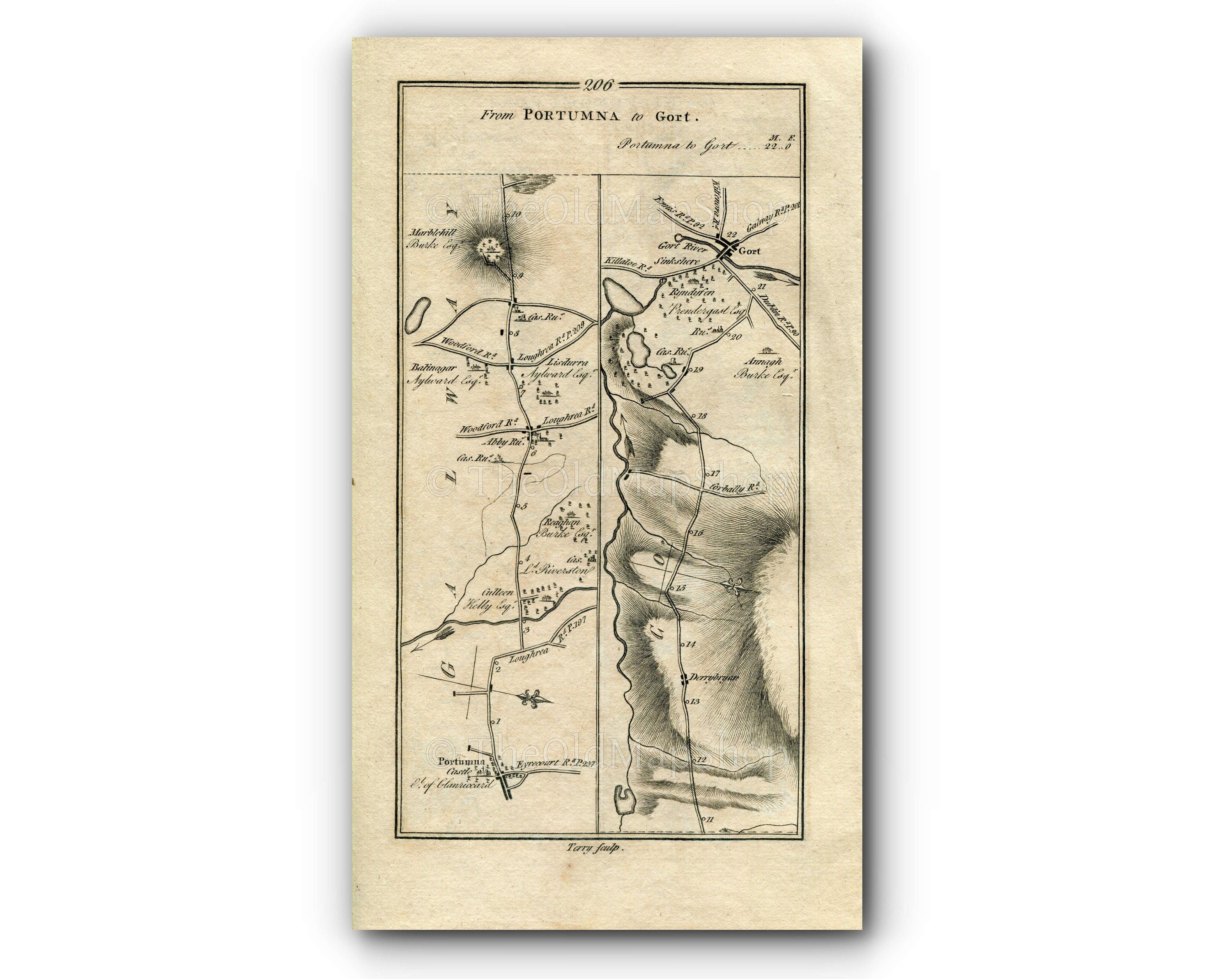 1778 Taylor & Skinner Antique Ireland Road Map 205/206 Kilfenora Ennistimon Kilmurry Ibrickane Kilrush Portumna Lisdurra Marblehill Gort
