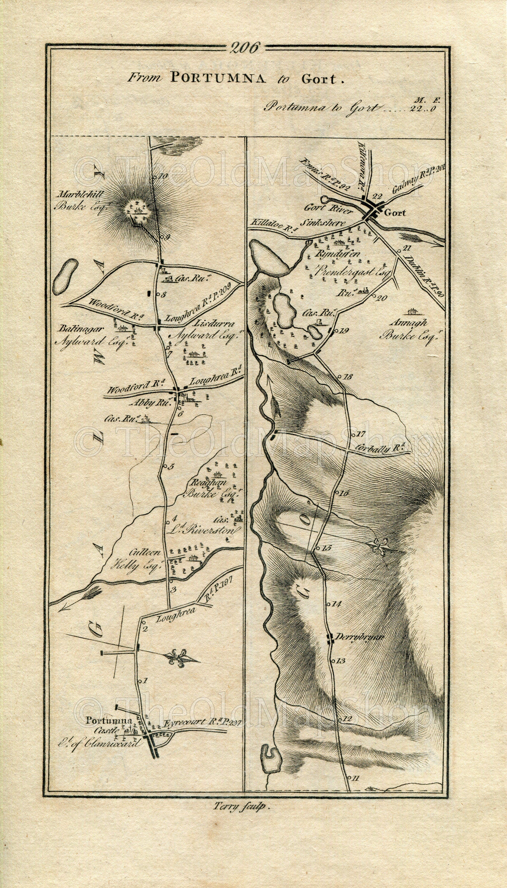 1778 Taylor & Skinner Antique Ireland Road Map 205/206 Kilfenora Ennistimon Kilmurry Ibrickane Kilrush Portumna Lisdurra Marblehill Gort