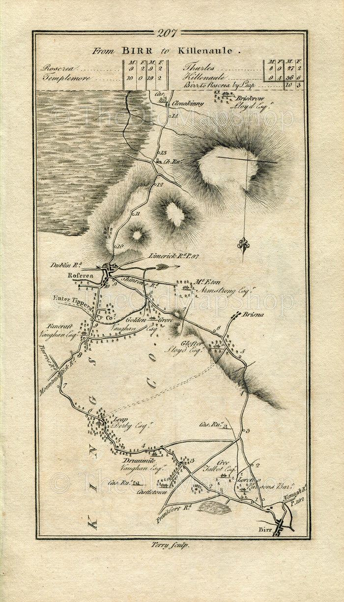 1778 Taylor & Skinner Antique Ireland Road Map 207/208 Birr Leap Golden Grove Roscrea Clonakenny Templemore Thurles Ballymoreen Killenaule