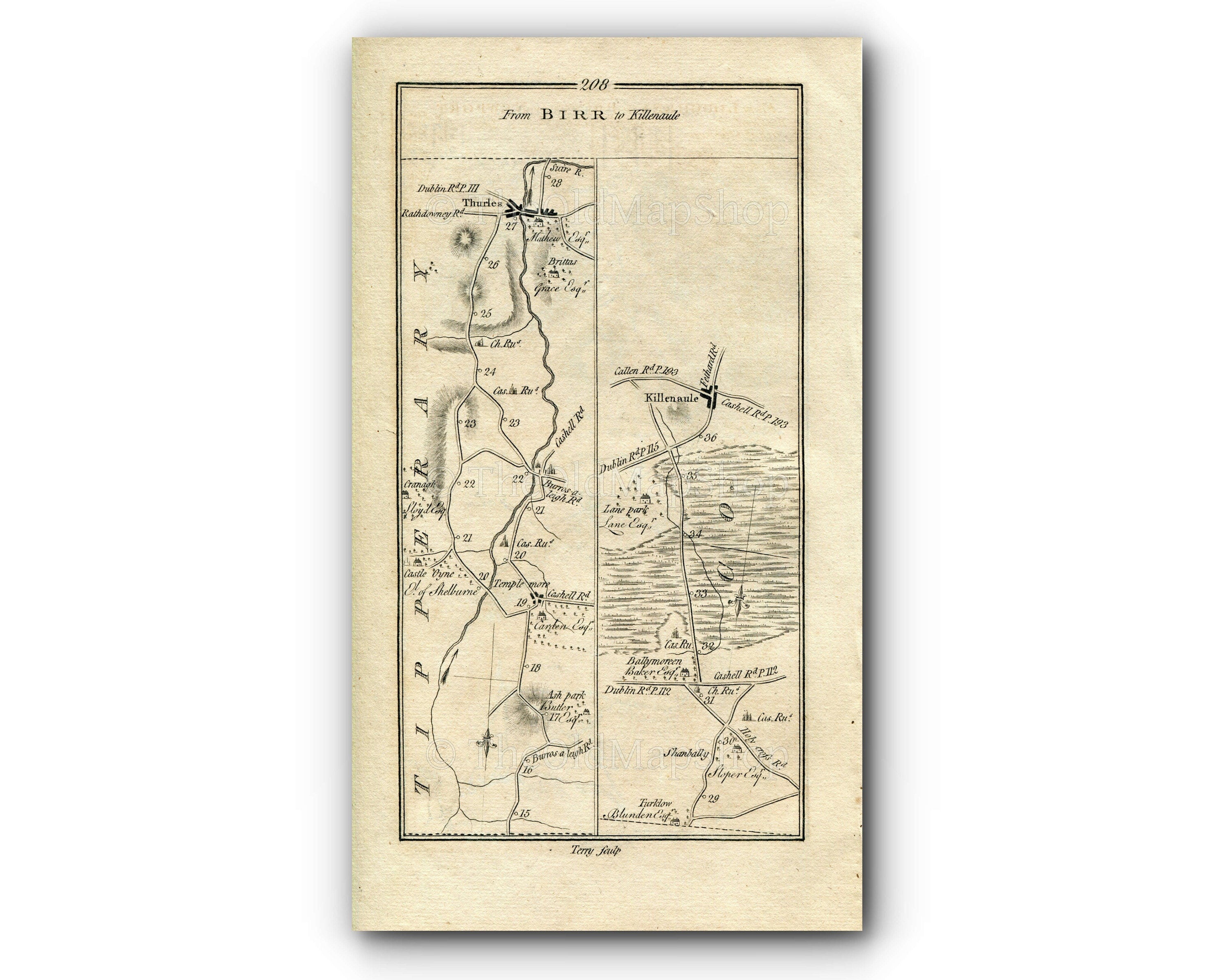 1778 Taylor & Skinner Antique Ireland Road Map 207/208 Birr Leap Golden Grove Roscrea Clonakenny Templemore Thurles Ballymoreen Killenaule