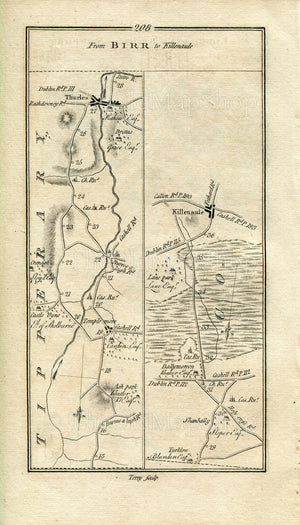 1778 Taylor & Skinner Antique Ireland Road Map 207/208 Birr Leap Golden Grove Roscrea Clonakenny Templemore Thurles Ballymoreen Killenaule