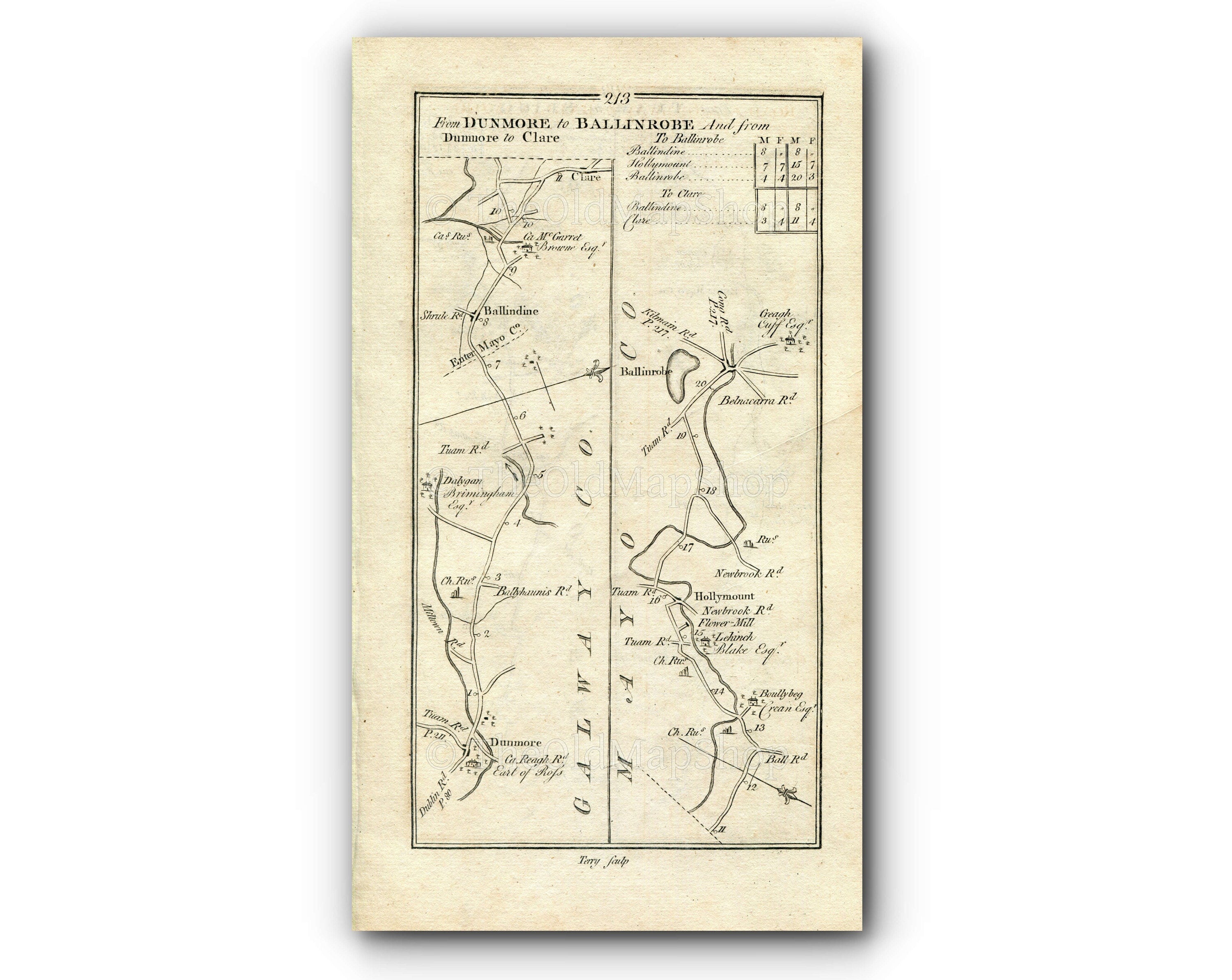 1778 Taylor & Skinner Antique Ireland Road Map 213/214 Dunmore Ballindine Hollymount Ballinrobe Tuam Brookhill Claremorris Castlegrove Eden