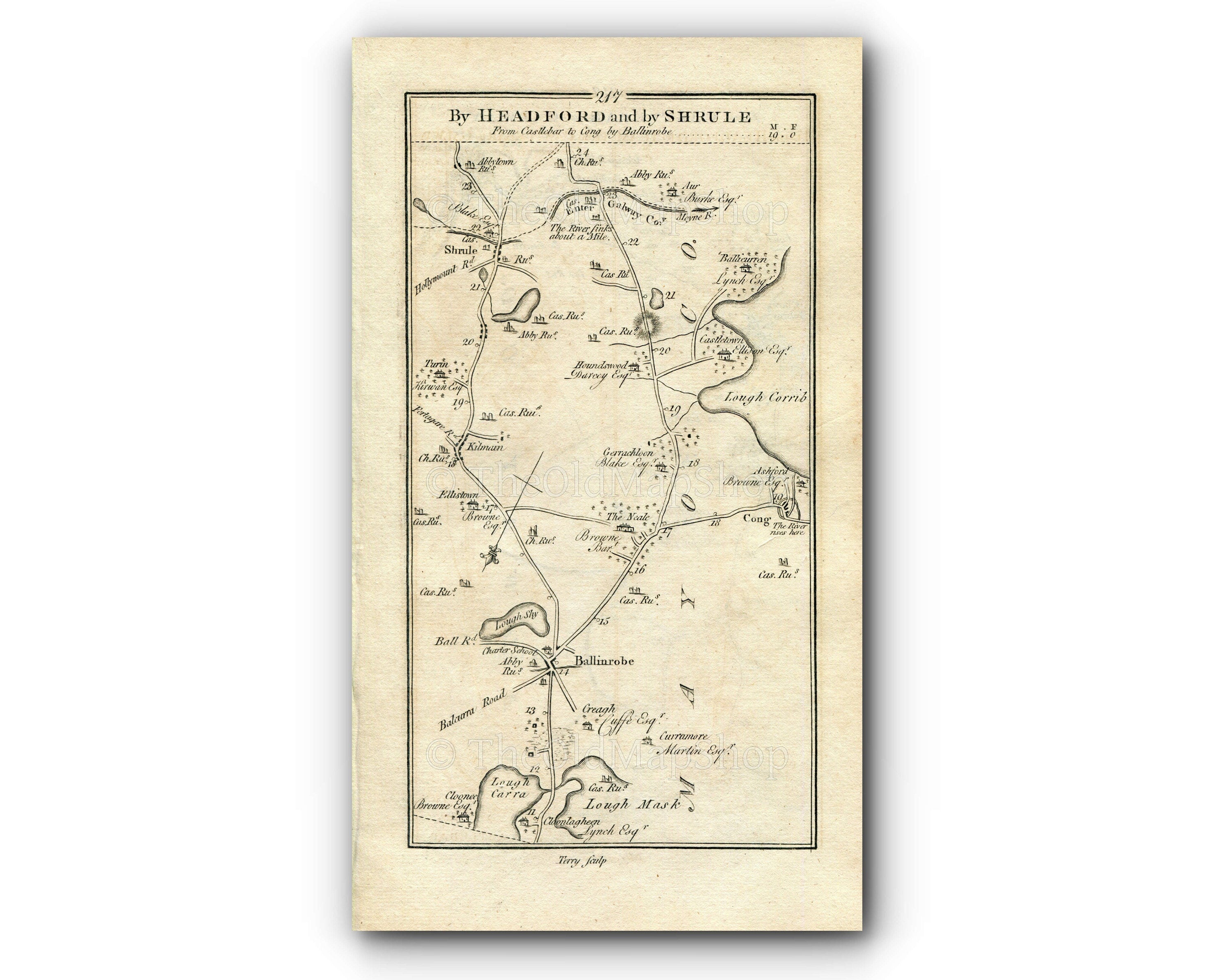 1778 Taylor & Skinner Antique Ireland Road Map 217/218 Ballinrobe Kilmaine Shrule Cong Ballycurrin Headford Drumgriftin Claregalway Galway