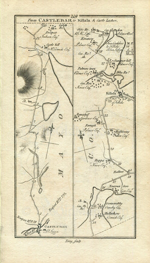 1778 Taylor & Skinner Antique Ireland Road Map 219/220 Castlebar Castlehill Gortnor Abbey Rappa Killala Ballinrobe Balla Swinford Mayo