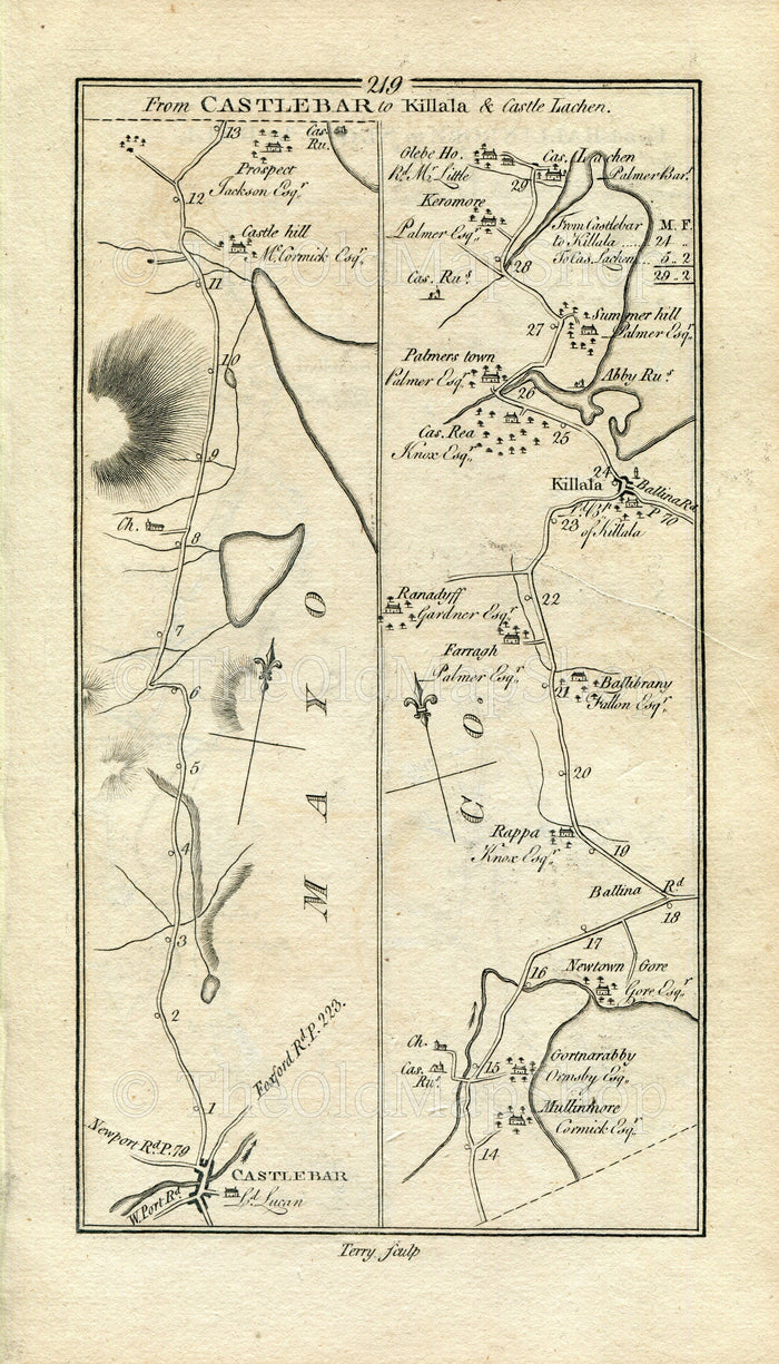 1778 Taylor & Skinner Antique Ireland Road Map 219/220 Castlebar Castlehill Gortnor Abbey Rappa Killala Ballinrobe Balla Swinford Mayo