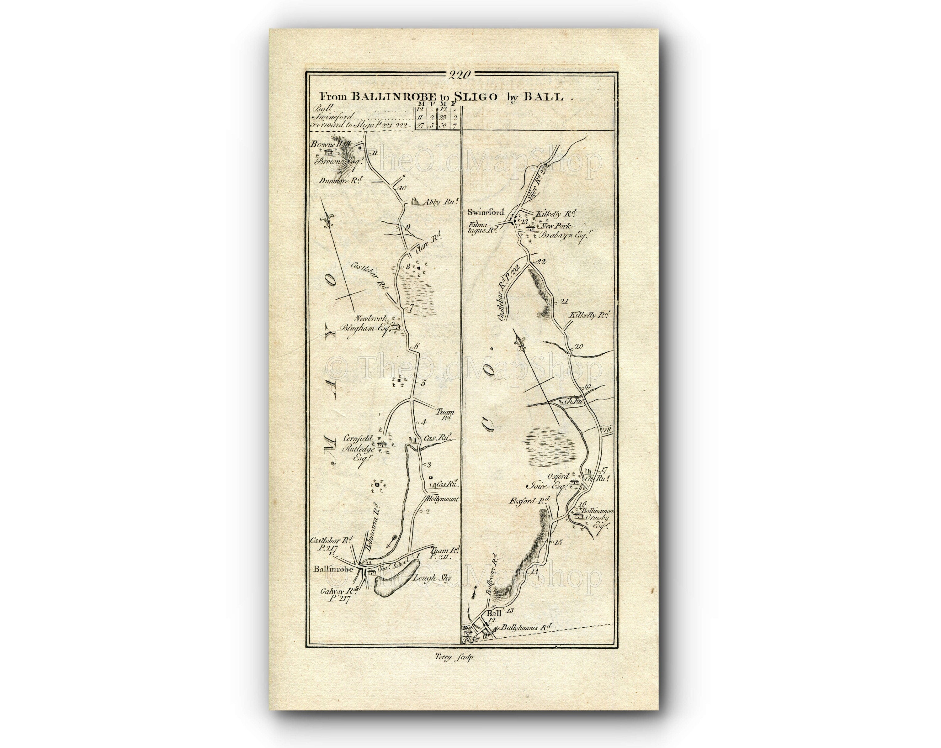 1778 Taylor & Skinner Antique Ireland Road Map 219/220 Castlebar Castlehill Gortnor Abbey Rappa Killala Ballinrobe Balla Swinford Mayo