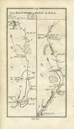 1778 Taylor & Skinner Antique Ireland Road Map 219/220 Castlebar Castlehill Gortnor Abbey Rappa Killala Ballinrobe Balla Swinford Mayo