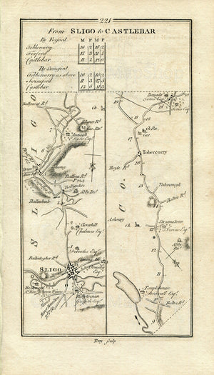 1778 Taylor & Skinner Antique Ireland Road Map 221/222 Sligo Balladrihid Ballysadare Tobercurry Tubbercurry Foxford Charlestown Kilmacteige