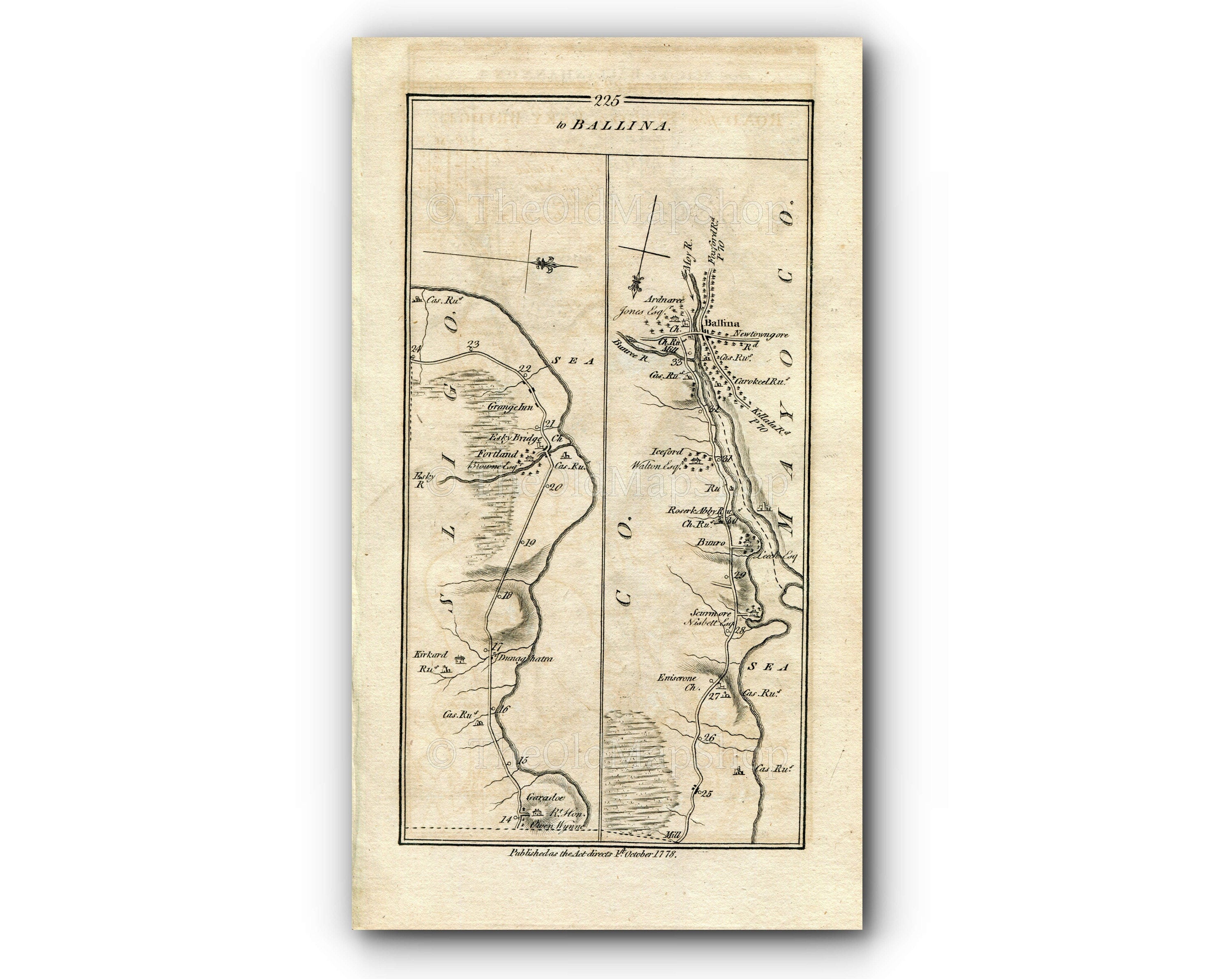 1778 Taylor & Skinner Antique Ireland Road Map 225/226 Donaghintra Easky Ballina Drumcliff Sligo Drumcliffe Lissadell Bundoran Ballyshannon