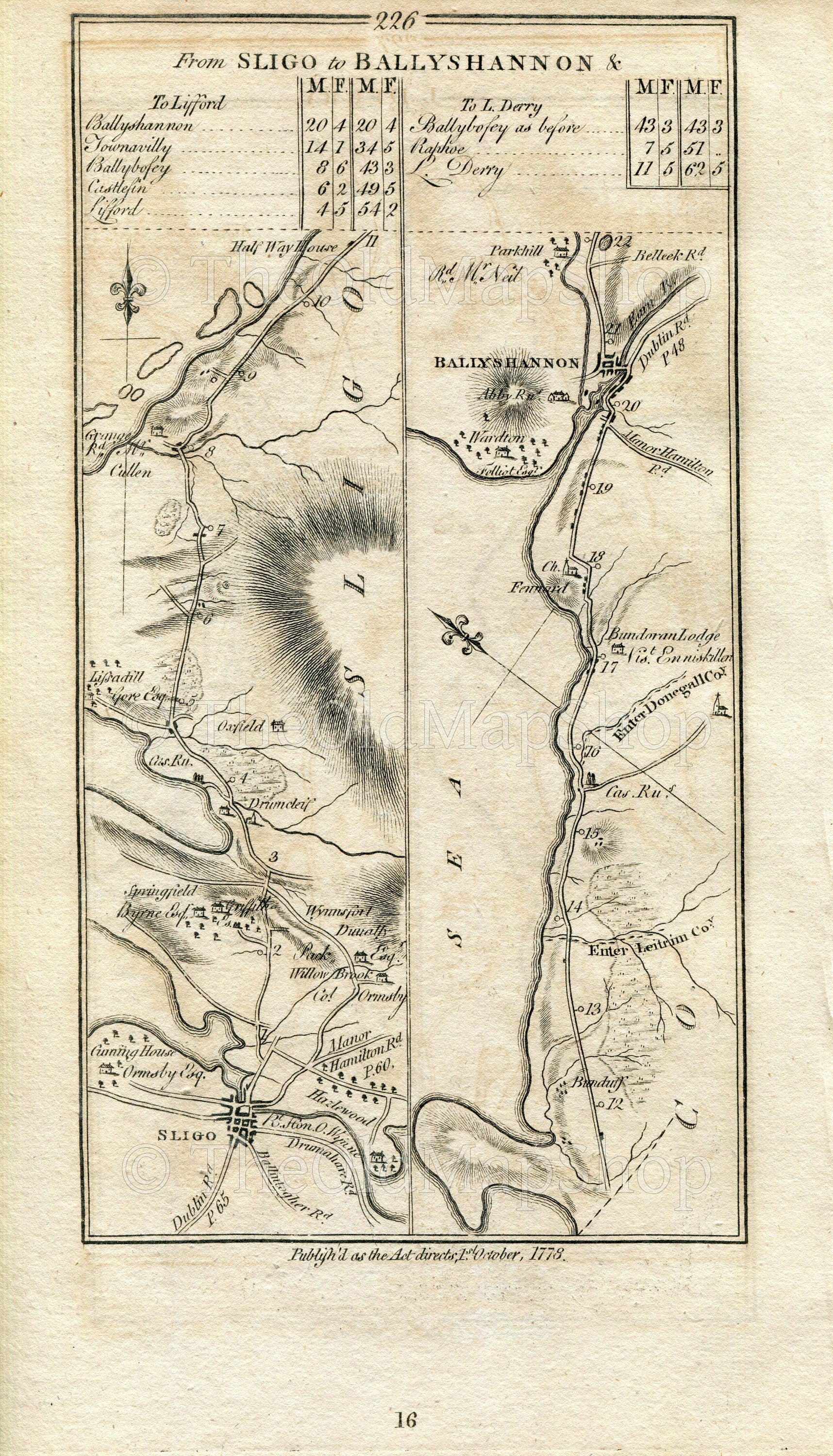 1778 Taylor & Skinner Antique Ireland Road Map 225/226 Donaghintra Easky Ballina Drumcliff Sligo Drumcliffe Lissadell Bundoran Ballyshannon
