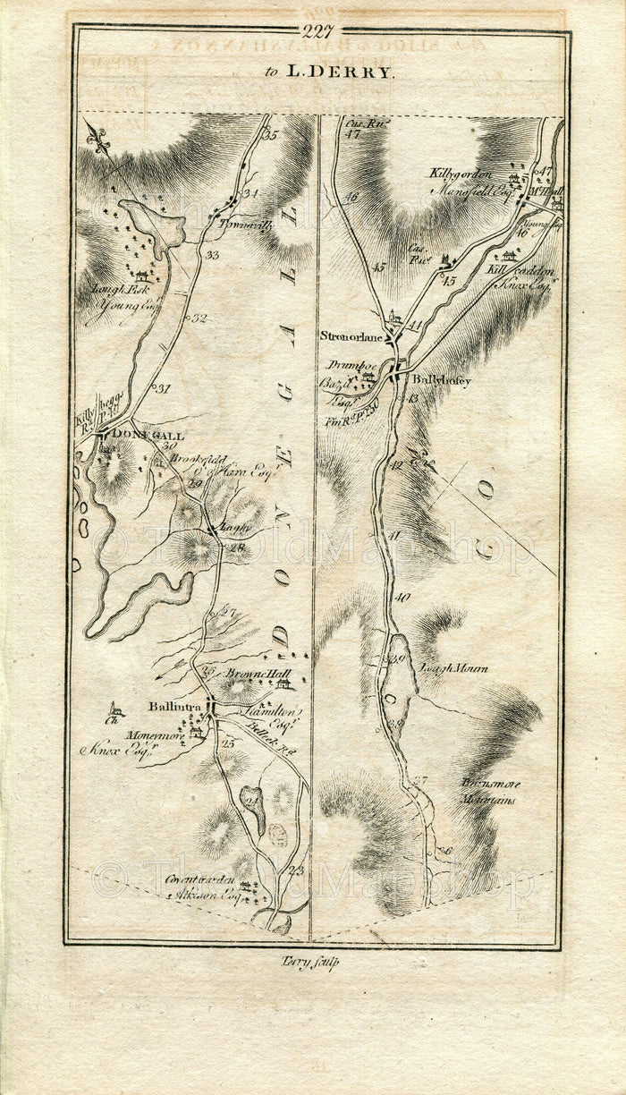 1778 Taylor & Skinner Antique Ireland Road Map 227/228 Ballintra Donegall Ballybofey Castlefinn Convoy Raphoe Strabane Lifford Carrigans