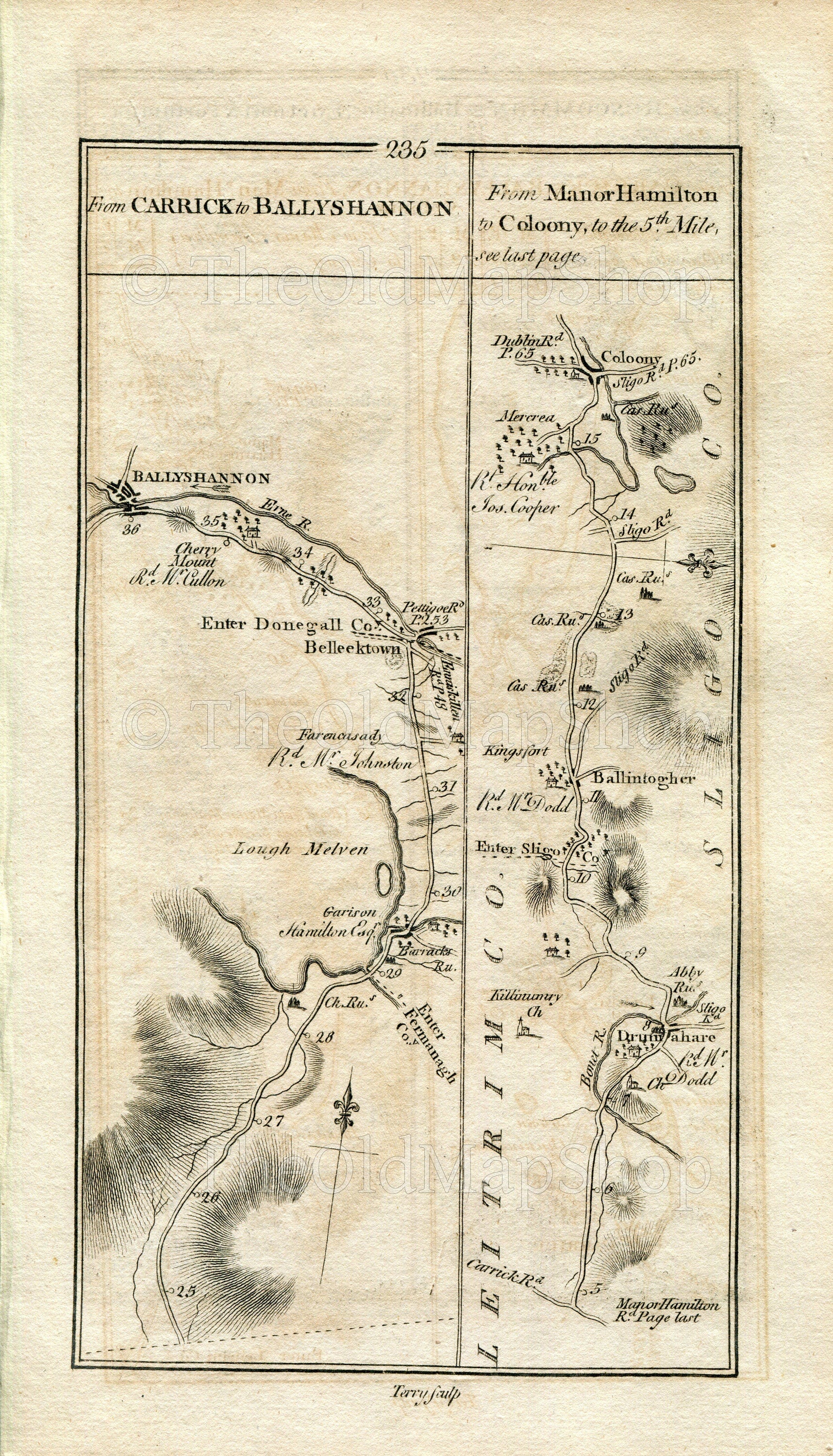 1778 Taylor & Skinner Antique Ireland Road Map 235/236 Ballyshannon Belleek Collooney Ballintogher Dromahair Roscommon Athleague Ballinasloe