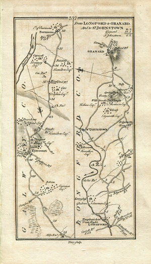 1778 Taylor & Skinner Antique Ireland Road Map 237/238 Eyrecourt Portumna Longford Saint Johnstown Granard Roscommon Castlerea Cargins Tulsk