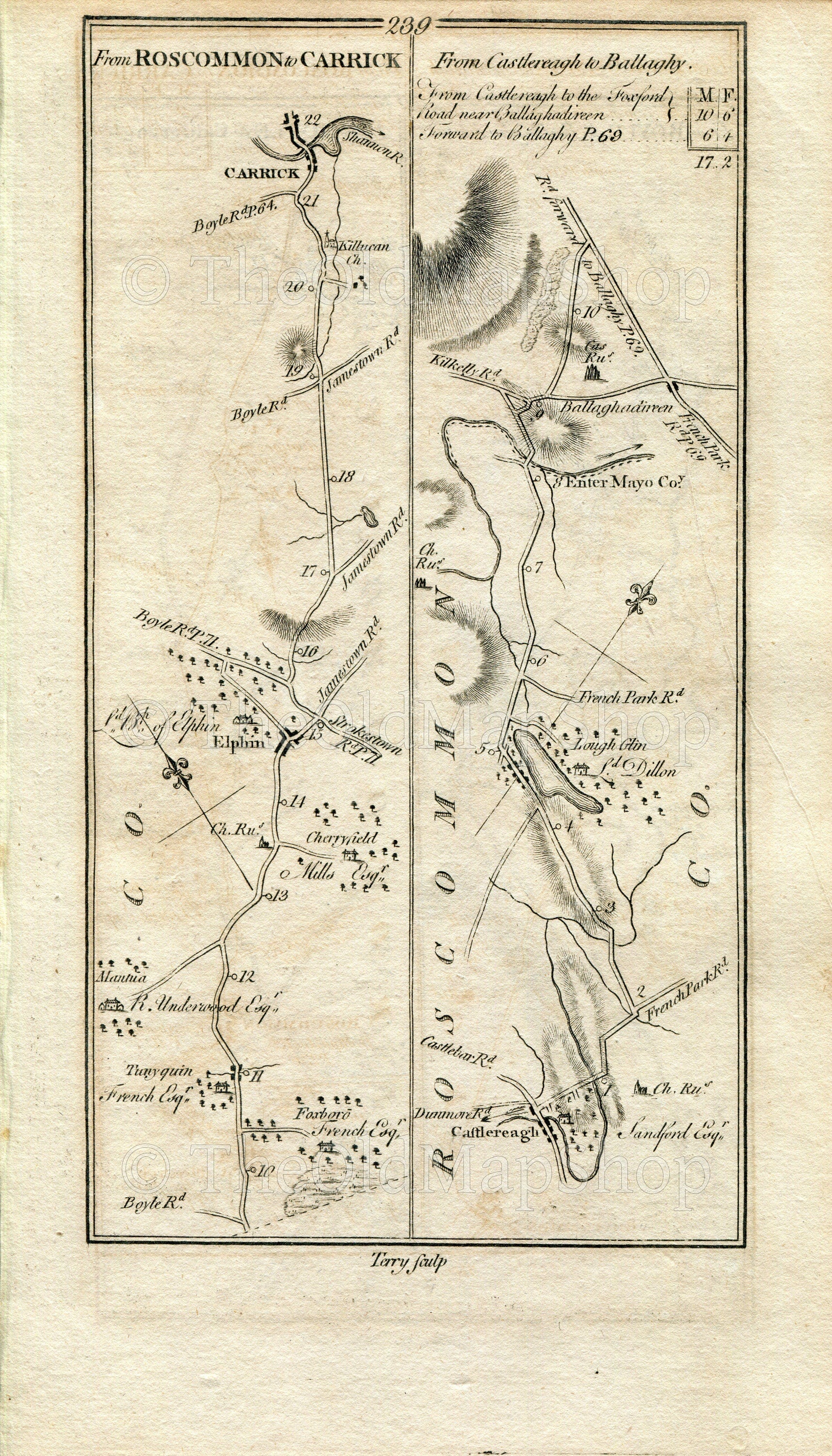 1778 Taylor & Skinner Antique Ireland Road Map 239/240 Elphin Carrick-On-Shannon Castlerea Loughglinn Ballaghaderreen Boyle Frenchpark