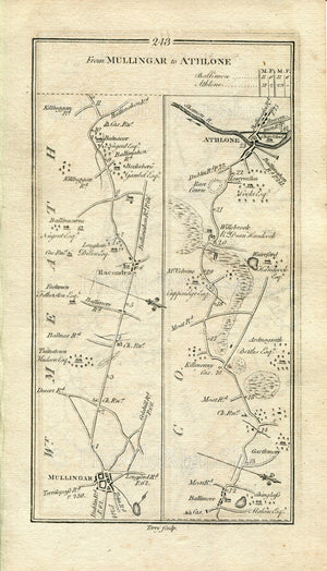 1778 Taylor & Skinner Antique Ireland Road Map 243/244 Mullingar Rathconrath Ballymore Athlone Killynan Clonlost Craddenstown Drinadaly Trim
