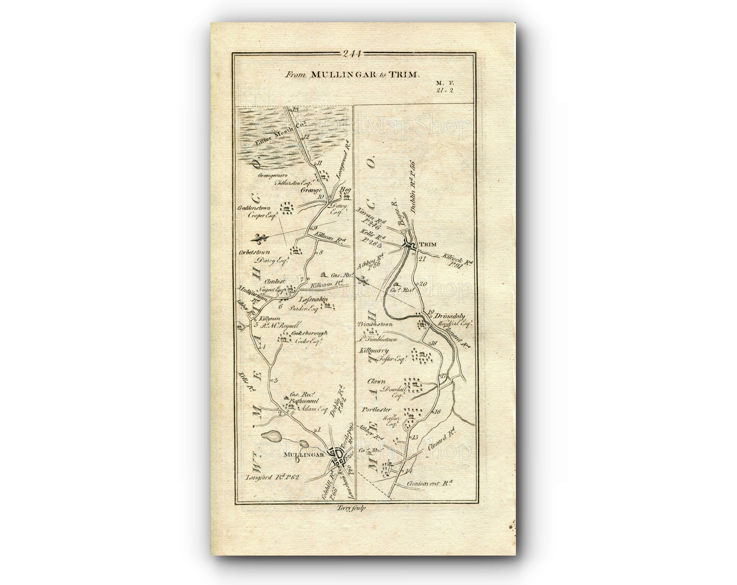 1778 Taylor & Skinner Antique Ireland Road Map 243/244 Mullingar Rathconrath Ballymore Athlone Killynan Clonlost Craddenstown Drinadaly Trim
