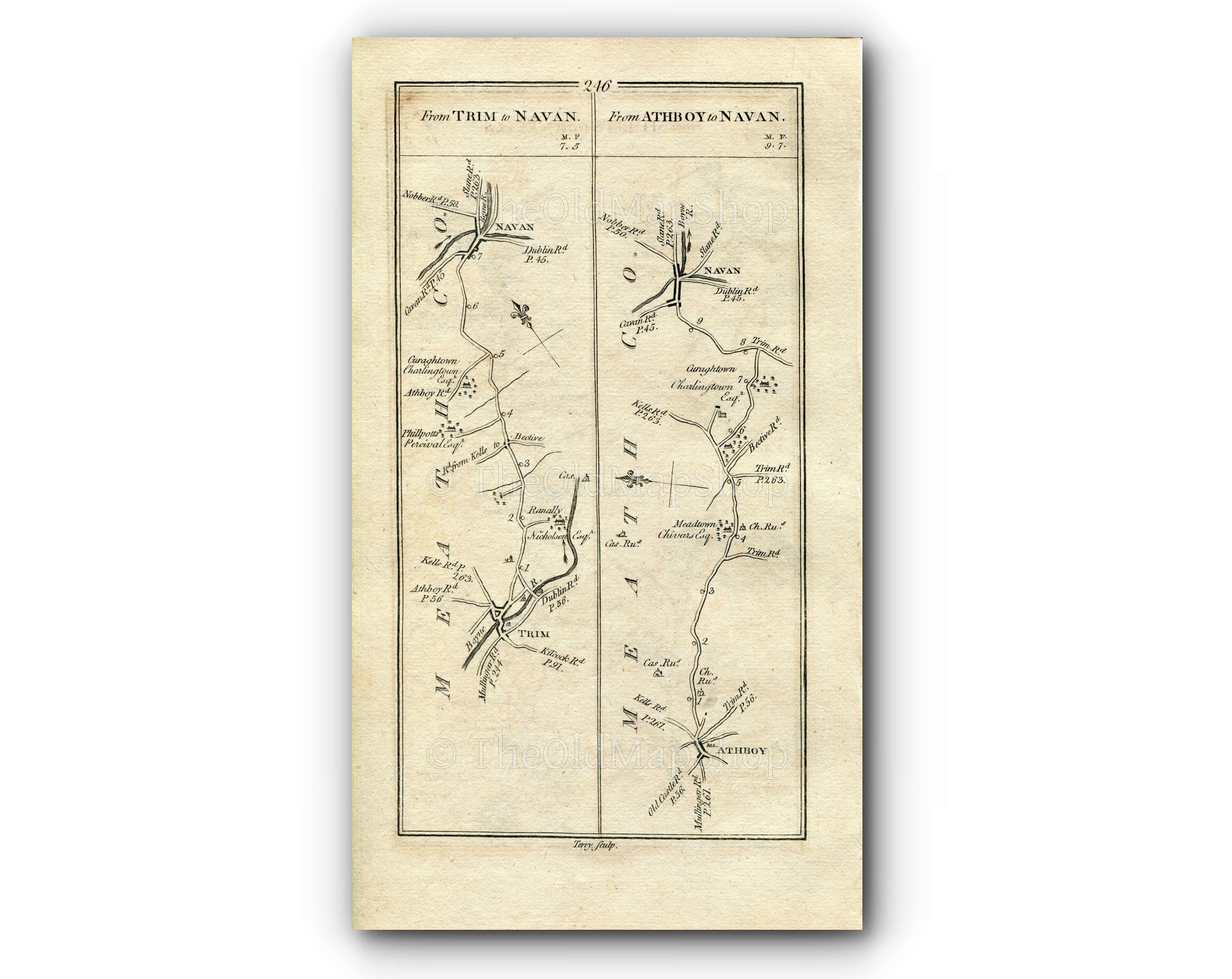1778 Taylor & Skinner Antique Ireland Road Map 245/246 Mullingar Collinstown Crossakiel Sylvan Park Kells Trim Navan Athboy Meadstown