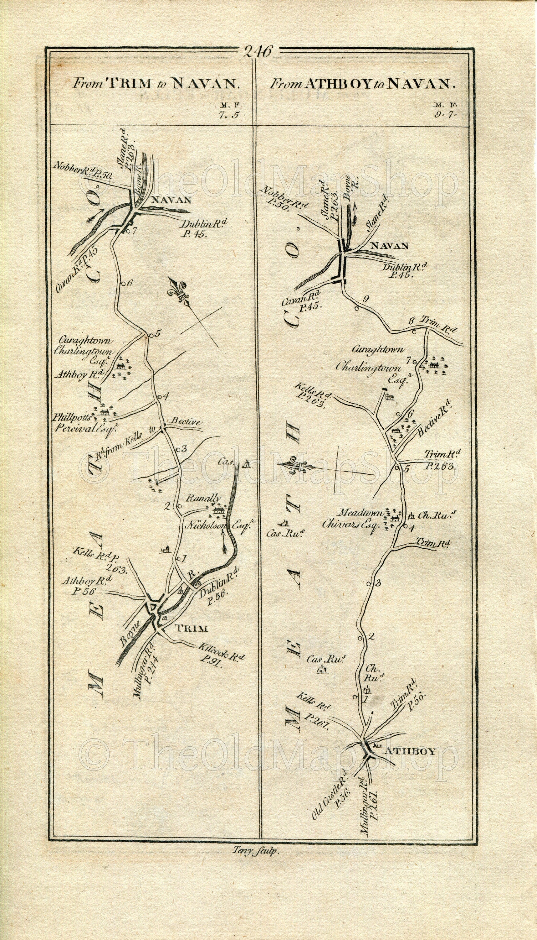 1778 Taylor & Skinner Antique Ireland Road Map 245/246 Mullingar Collinstown Crossakiel Sylvan Park Kells Trim Navan Athboy Meadstown
