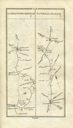 1778 Taylor & Skinner Antique Ireland Road Map 247/248 Trim Donore Clonard Daingean Kilbeggan Tullamore Tyrrellspass Meath Offaly Westmeath