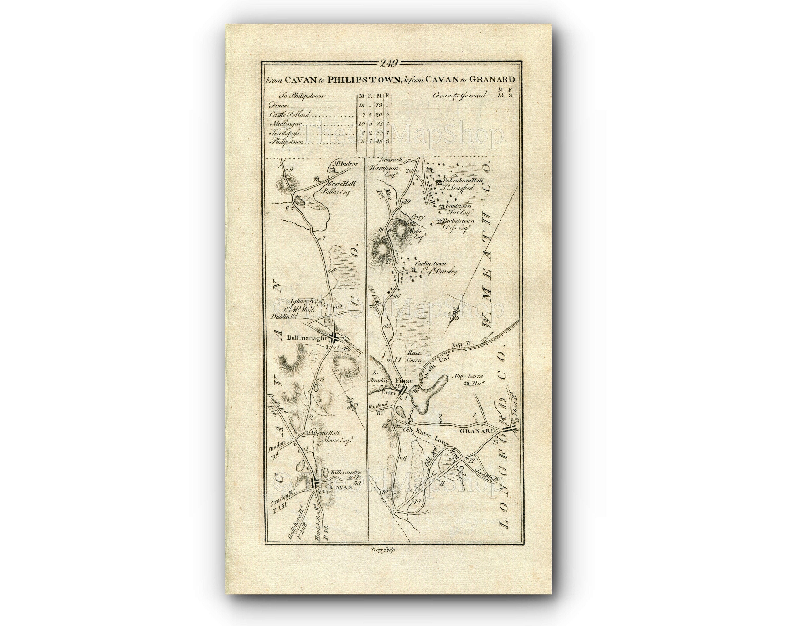 1778 Taylor & Skinner Antique Ireland Road Map 249/250 Cavan Ballinagh Granard Finnea Castlepollard Mullingar Tally Ho Tyrrellspass Daingean