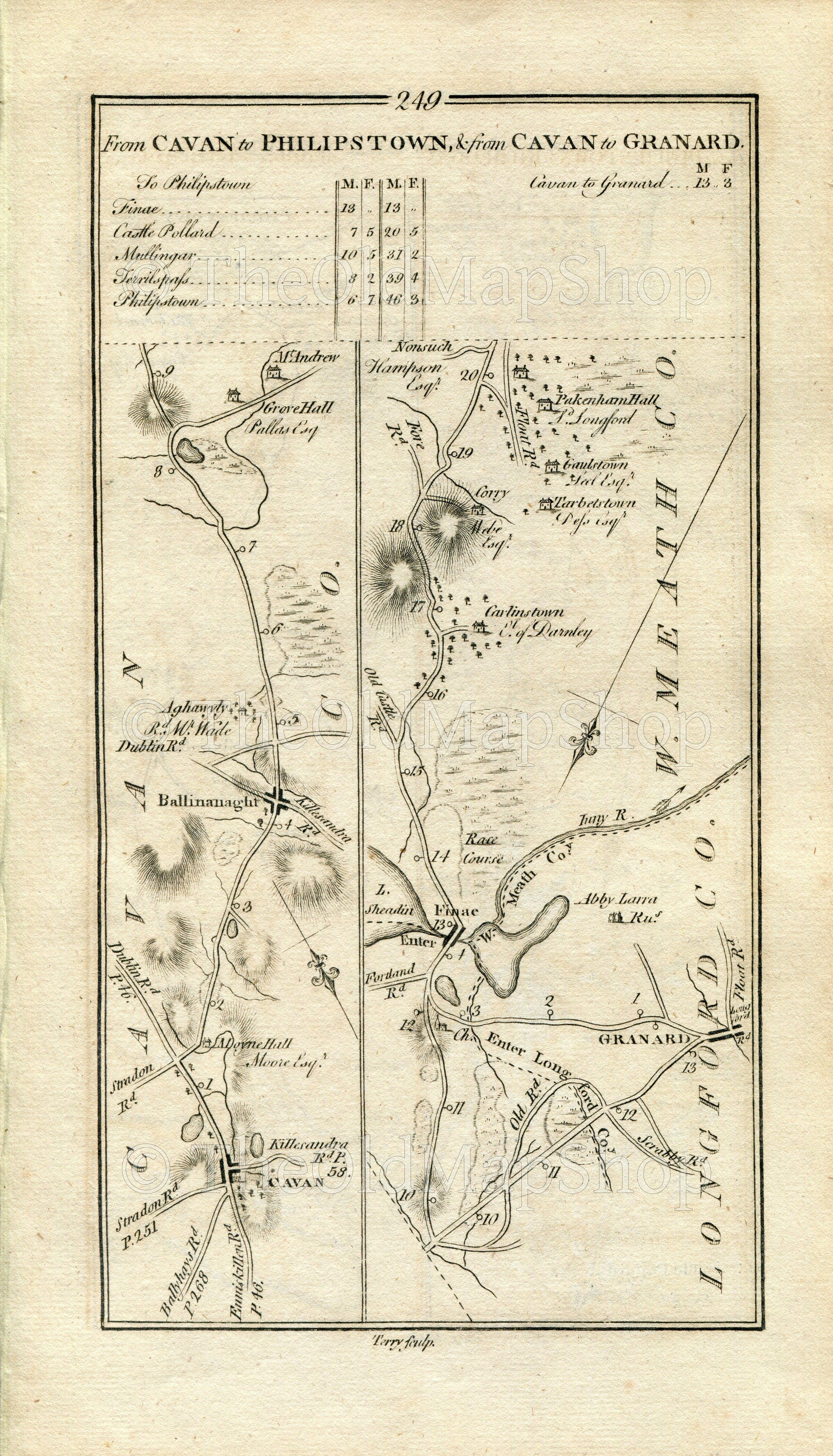 1778 Taylor & Skinner Antique Ireland Road Map 249/250 Cavan Ballinagh Granard Finnea Castlepollard Mullingar Tally Ho Tyrrellspass Daingean