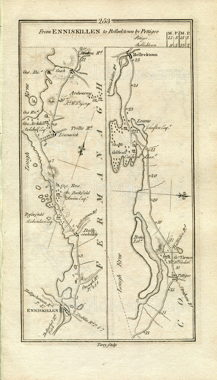 1778 Taylor & Skinner Antique Ireland Road Map 253/254 Enniskillen Ballycassidy Lisnarick Kesh Pettigo Belleek Omagh Trillick Ballinamallard