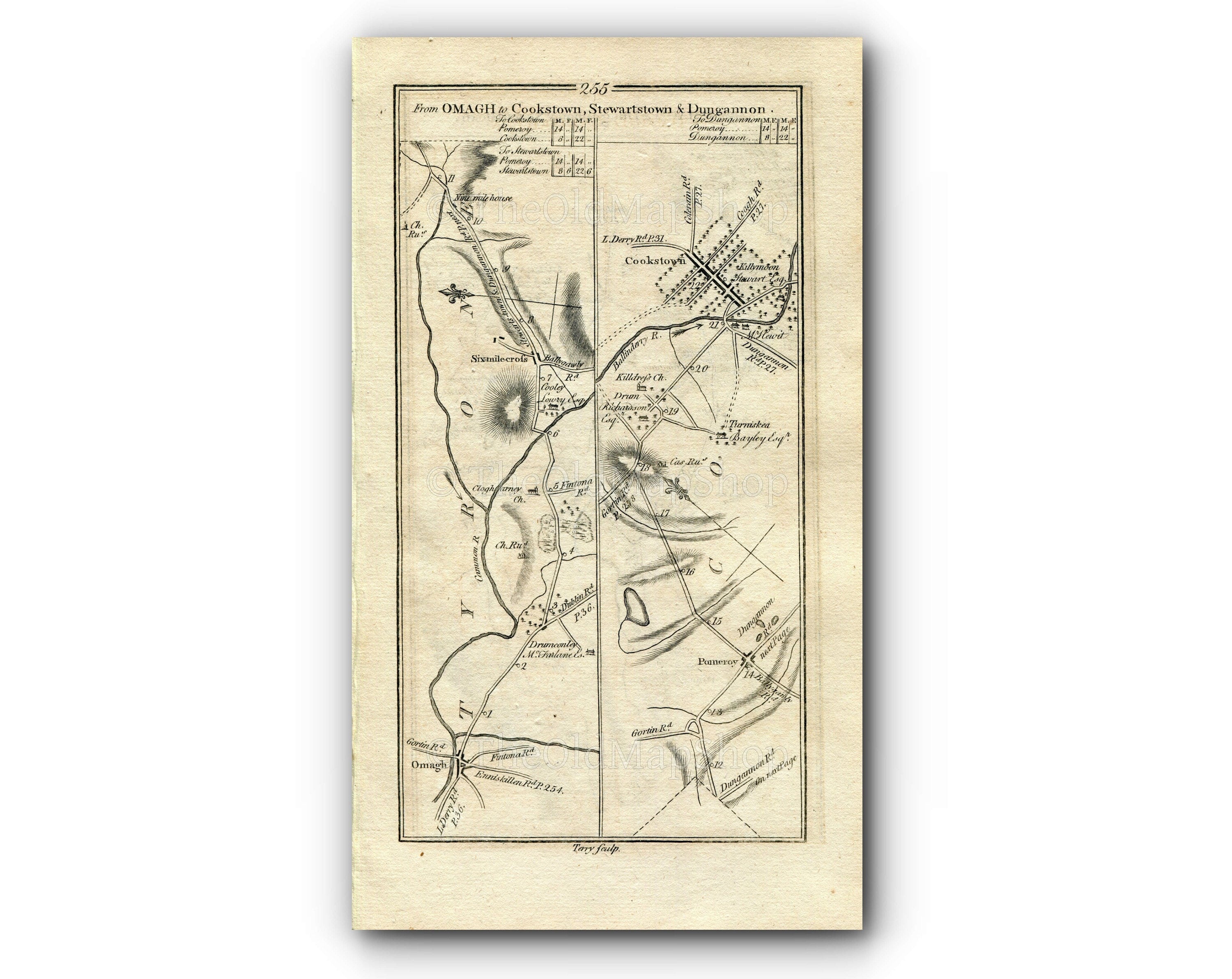 1778 Taylor & Skinner Antique Ireland Road Map 255/256 Omagh Sixmilecross Pomeroy Cookstown Donaghmore Dungannon Stewartstown County Tyrone