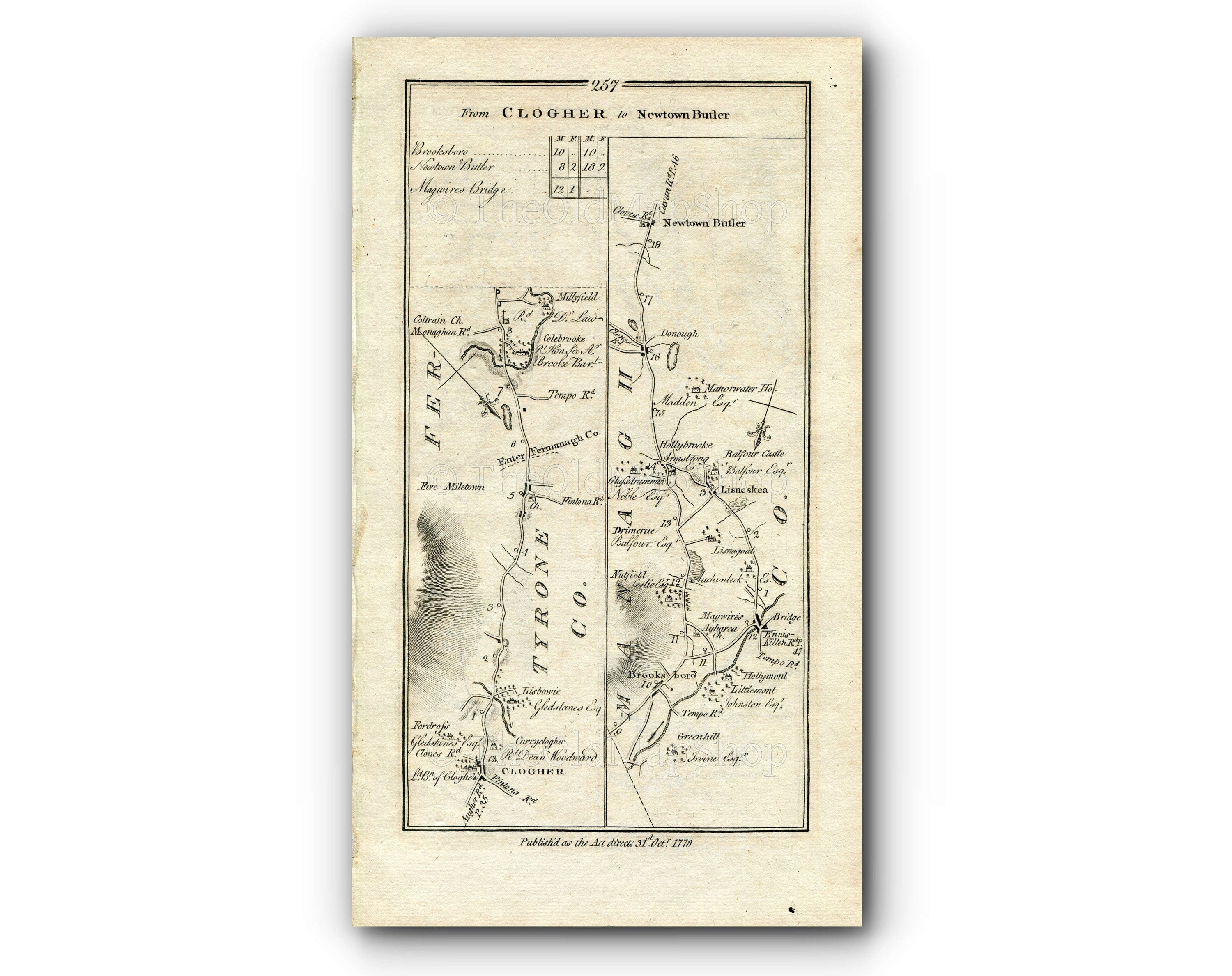 1778 Taylor & Skinner Antique Ireland Road Map 257/258 Clogher Brookeborough Maguiresbridge Lisnaskea Newtownbutler Newtownstewart Cookstown
