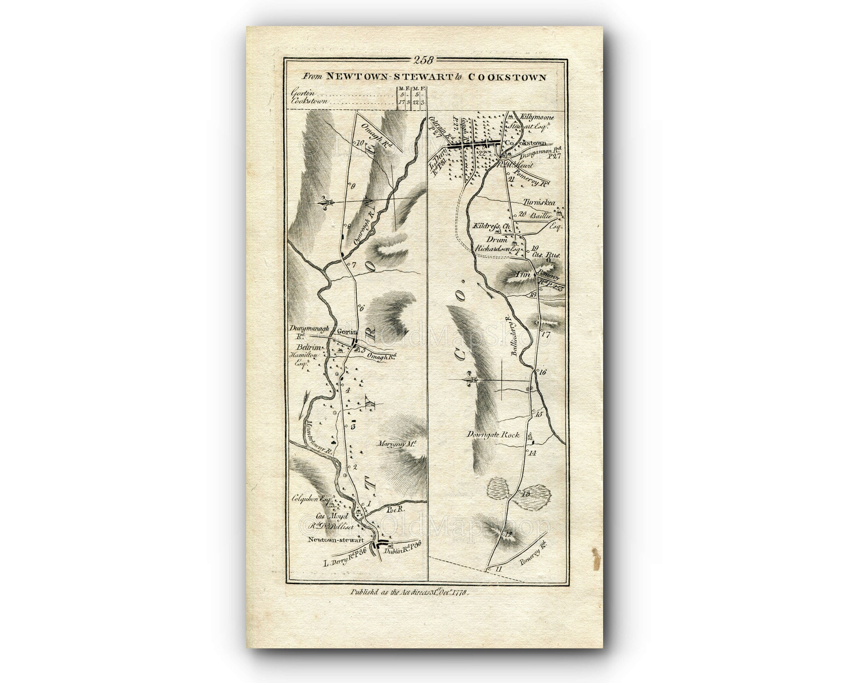 1778 Taylor & Skinner Antique Ireland Road Map 257/258 Clogher Brookeborough Maguiresbridge Lisnaskea Newtownbutler Newtownstewart Cookstown