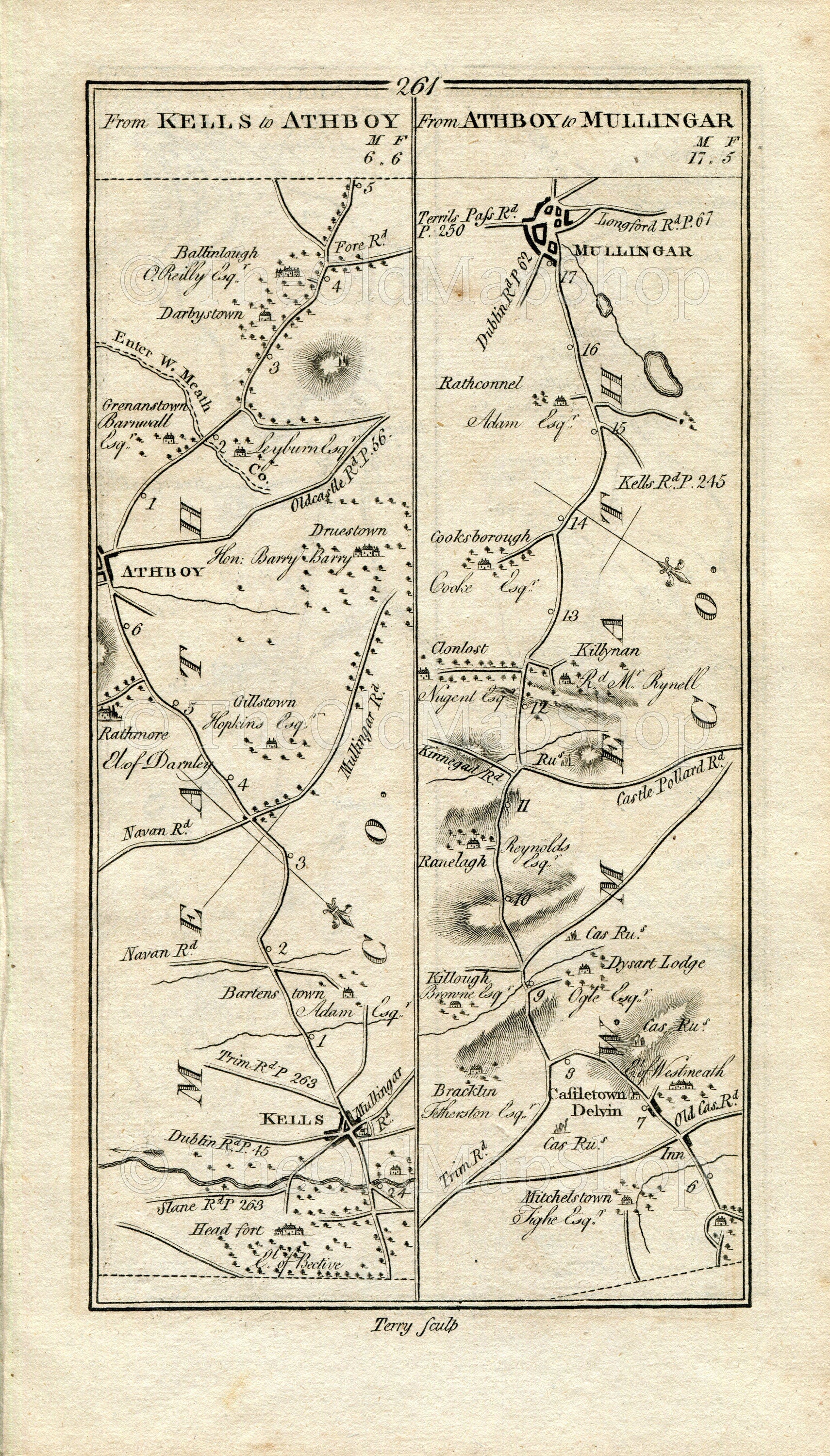 1778 Taylor & Skinner Antique Ireland Road Map 261/262 Kells Athboy Mullingar Dundalk Louth Carrickmacross Cullaville Foxfield Castleblayney