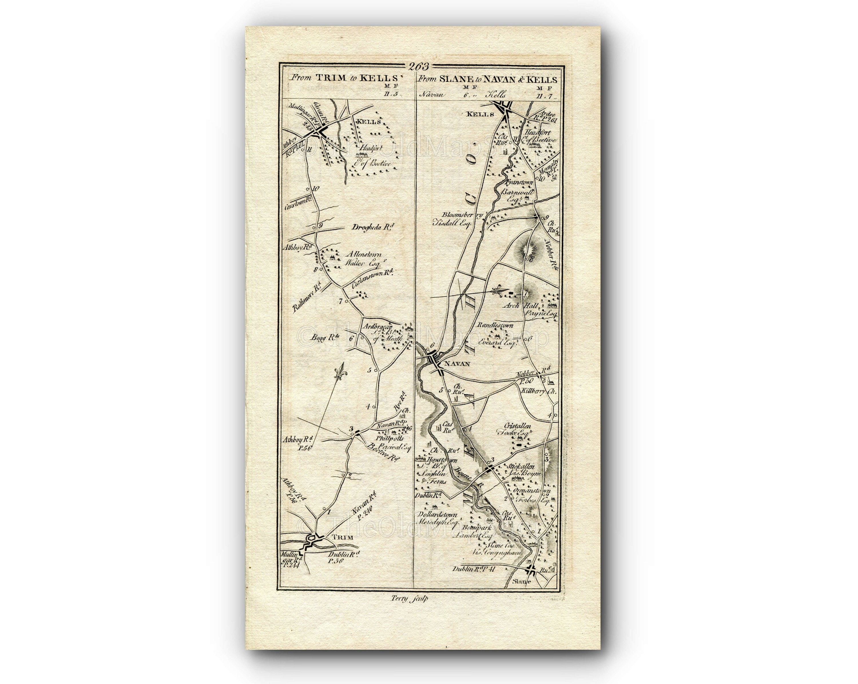 1778 Taylor & Skinner Antique Ireland Road Map 263/264 Trim Kells Slane Navan Bloomsbury Lisburn Mazetown Moira Magheralin Ballinderry