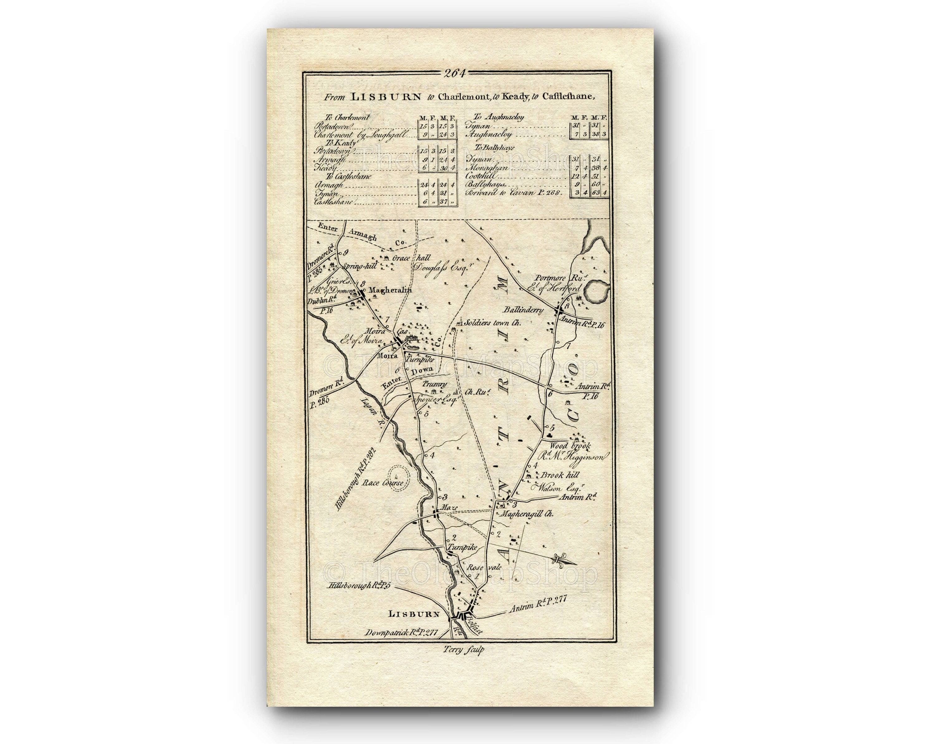 1778 Taylor & Skinner Antique Ireland Road Map 263/264 Trim Kells Slane Navan Bloomsbury Lisburn Mazetown Moira Magheralin Ballinderry