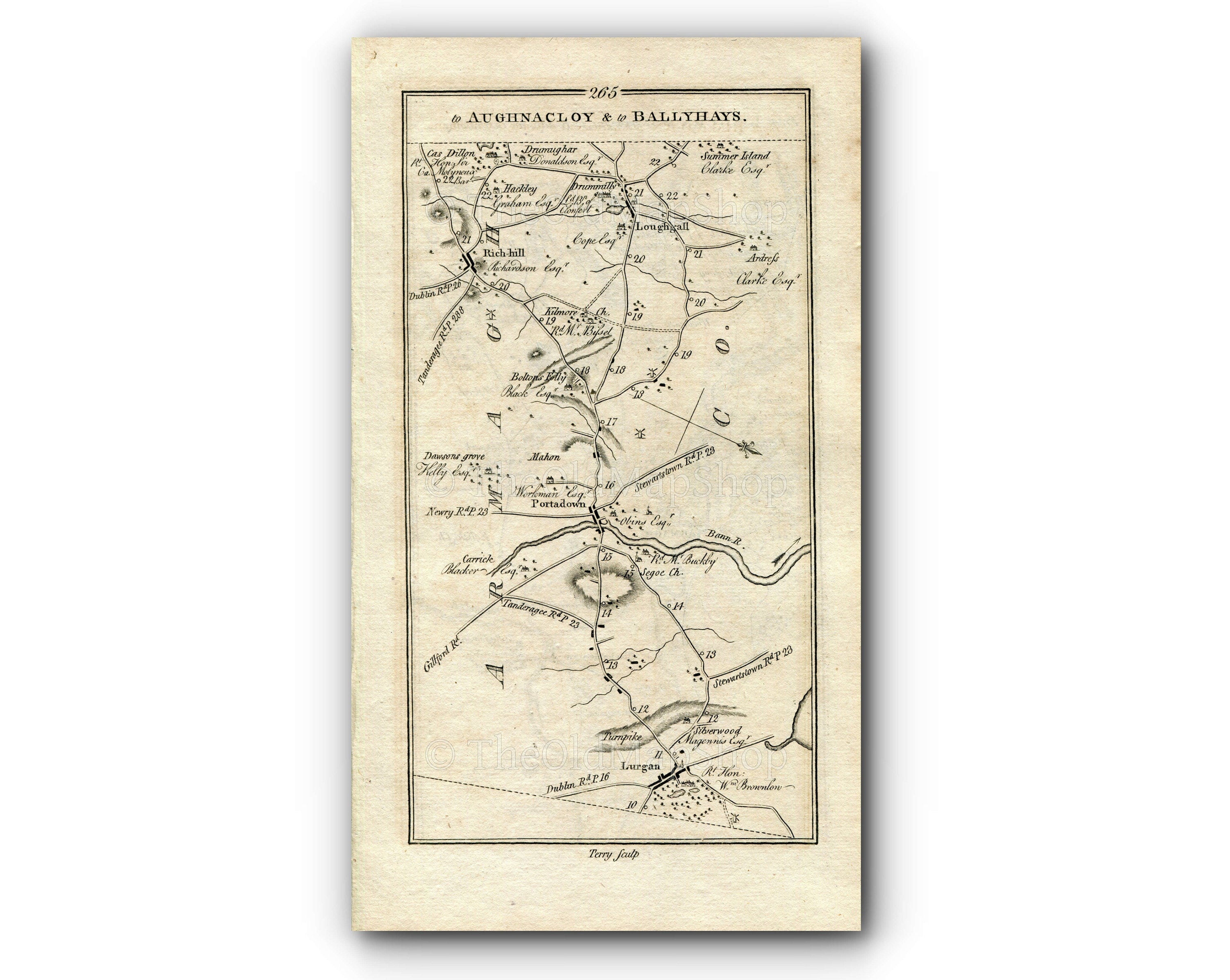 1778 Taylor & Skinner Antique Ireland Road Map 265/266 Lurgan Portadown Richhill Loughgall Moy Charlemont Blackwatertown Armagh Keady Tynan