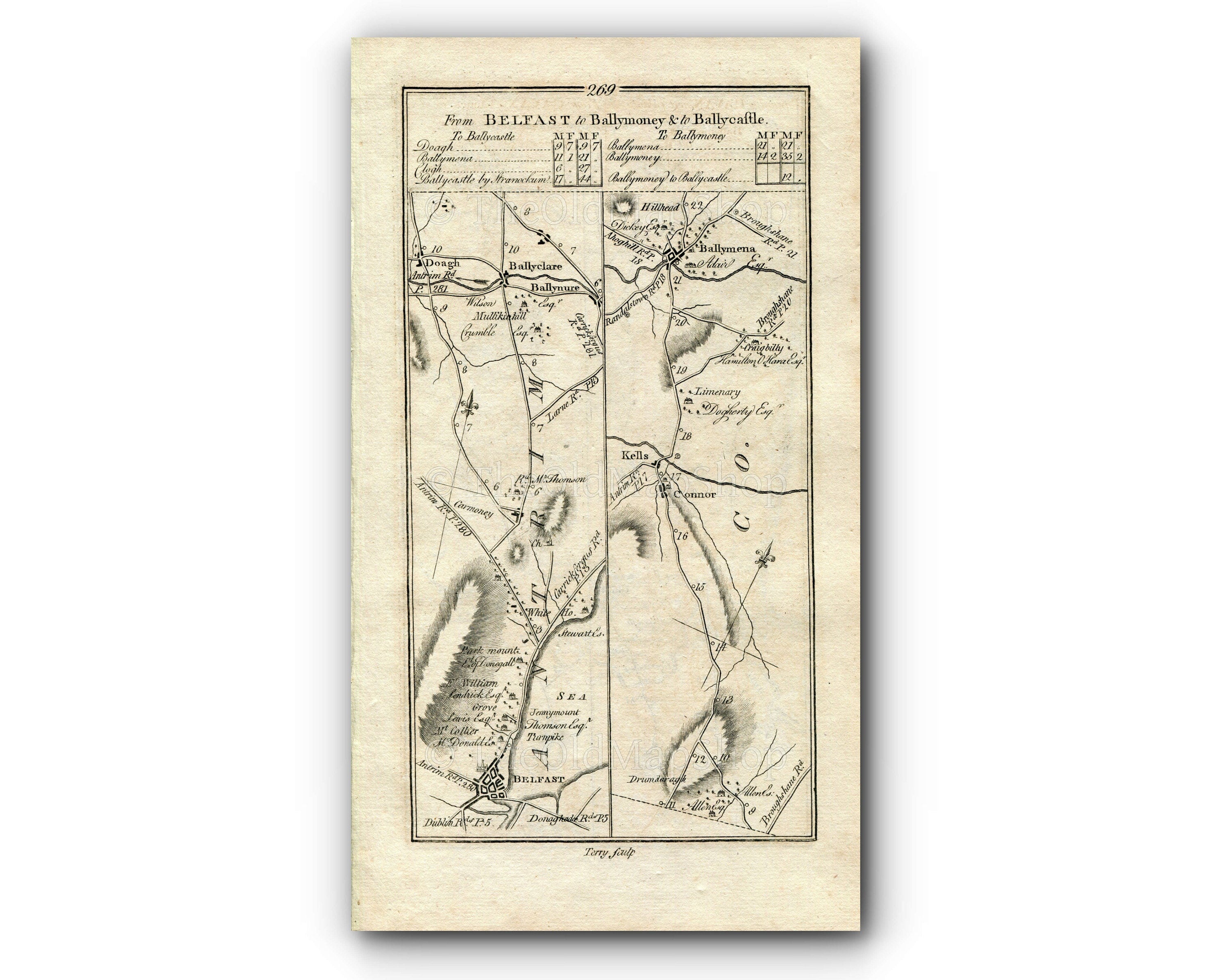1778 Taylor & Skinner Antique Ireland Map 269/270 Belfast Doagh Ballyclare Kells Ballymena Clough Cloughmills Ballymoney Dervock Ballycastle