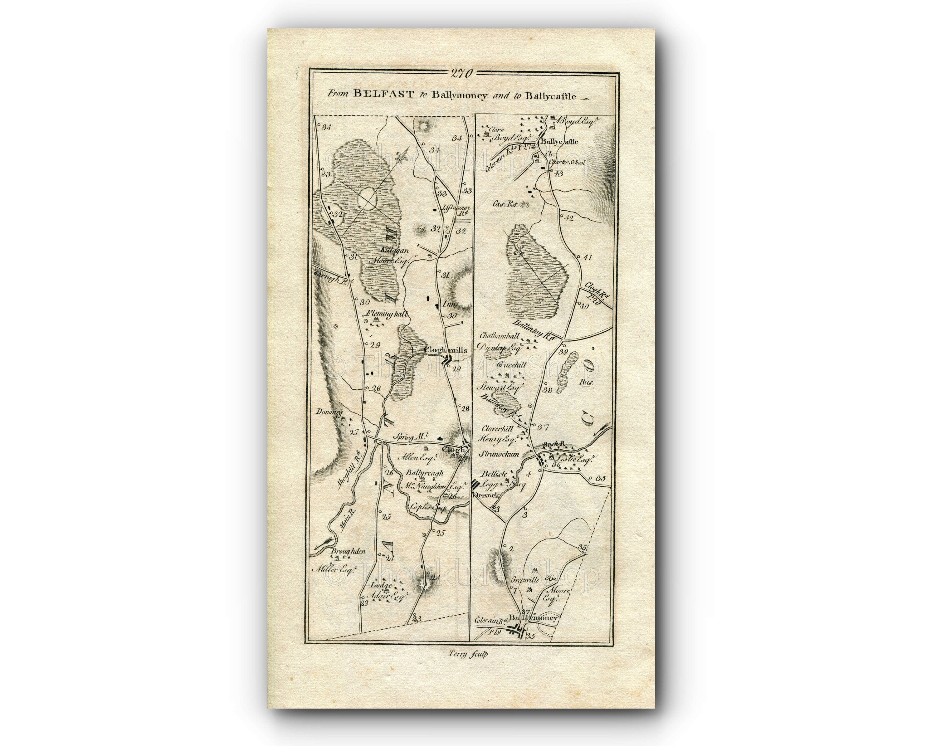 1778 Taylor & Skinner Antique Ireland Map 269/270 Belfast Doagh Ballyclare Kells Ballymena Clough Cloughmills Ballymoney Dervock Ballycastle