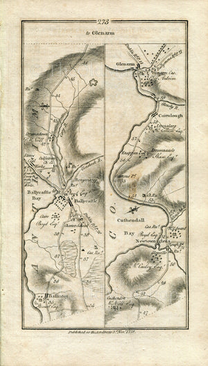 1778 Taylor & Skinner Antique Ireland Map 273/274 Ballintoy Ballycastle Cushendun Cushendall Carnlough Glenarm Limavady Garvagh Ballymoney