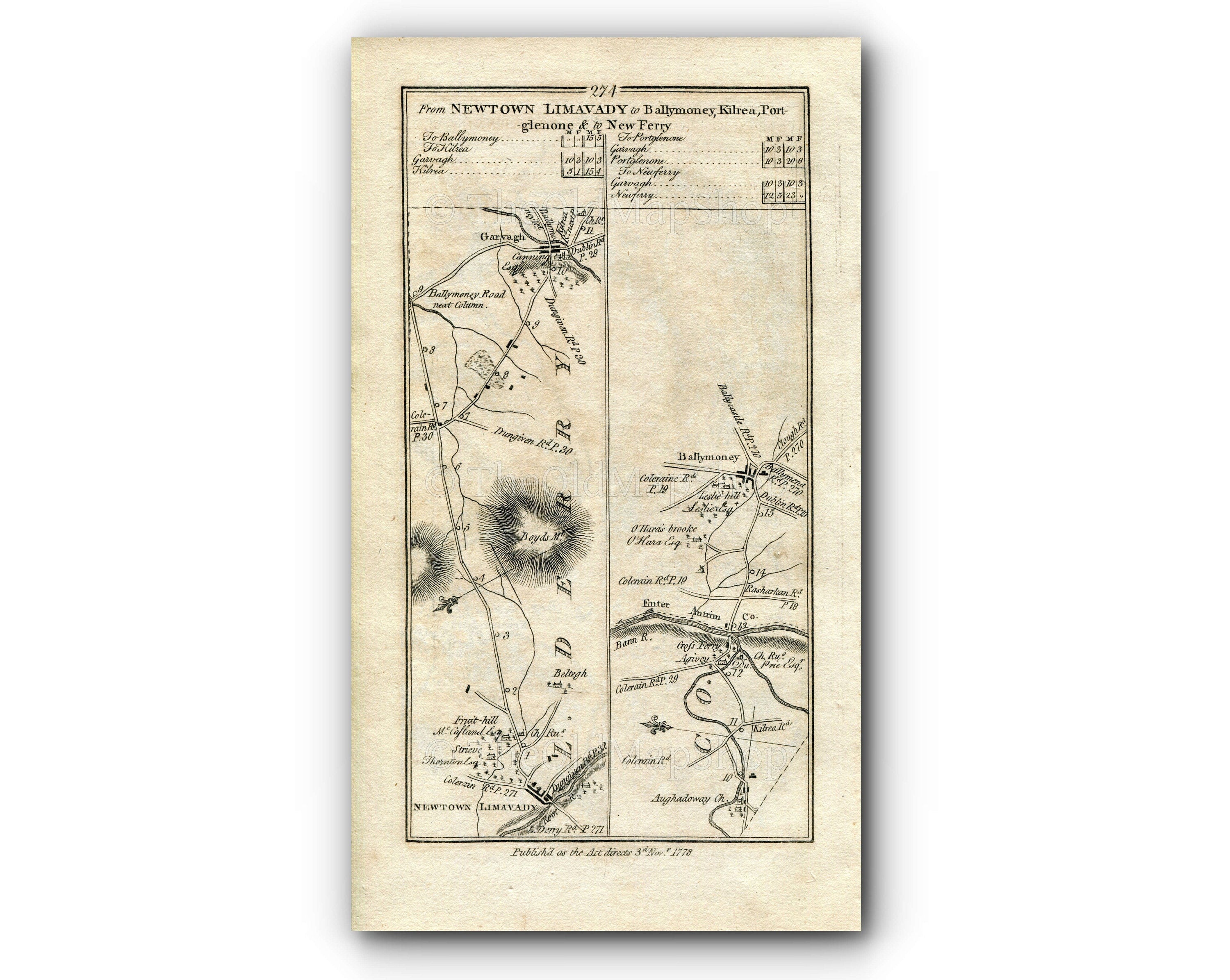 1778 Taylor & Skinner Antique Ireland Map 273/274 Ballintoy Ballycastle Cushendun Cushendall Carnlough Glenarm Limavady Garvagh Ballymoney