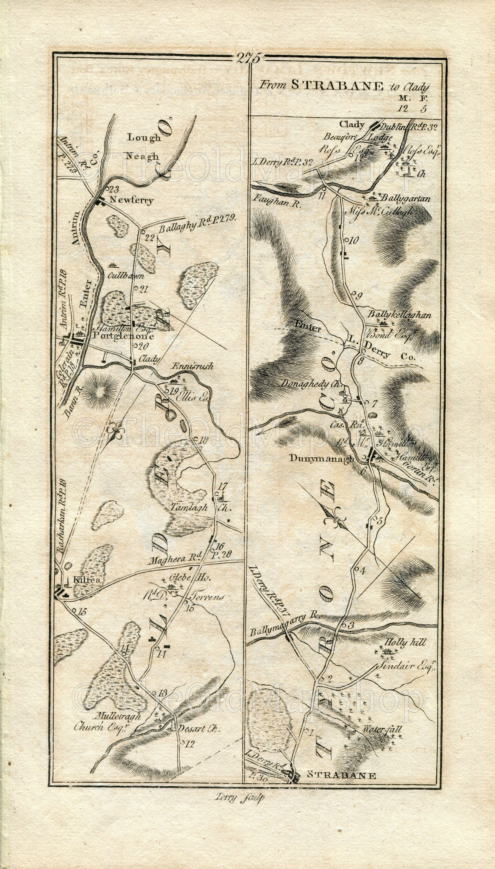 1778 Taylor & Skinner Antique Ireland Rd Map 275/276 Portglenone Newferry Strabane Donemana Claudy Dungannon Aughnacloy Carnteel Ballygawley