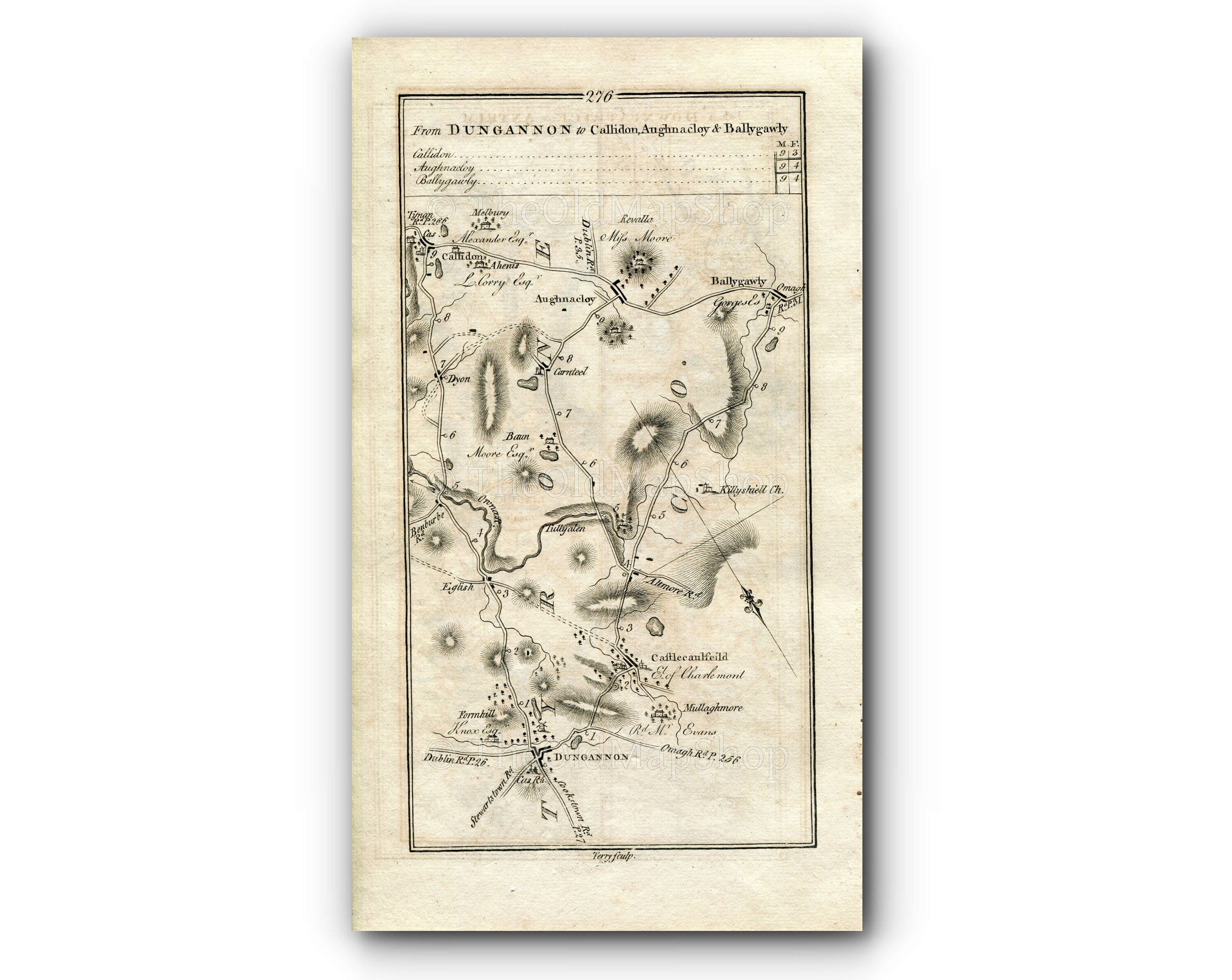 1778 Taylor & Skinner Antique Ireland Rd Map 275/276 Portglenone Newferry Strabane Donemana Claudy Dungannon Aughnacloy Carnteel Ballygawley