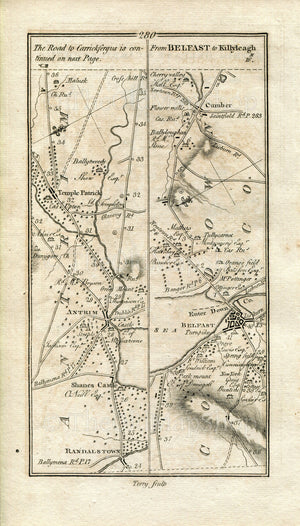 1778 Taylor & Skinner Antique Ireland Map 279/280 Magherafelt Castledawson Toomebridge Toome Randalstown Antrim Templepatrick Belfast Comber