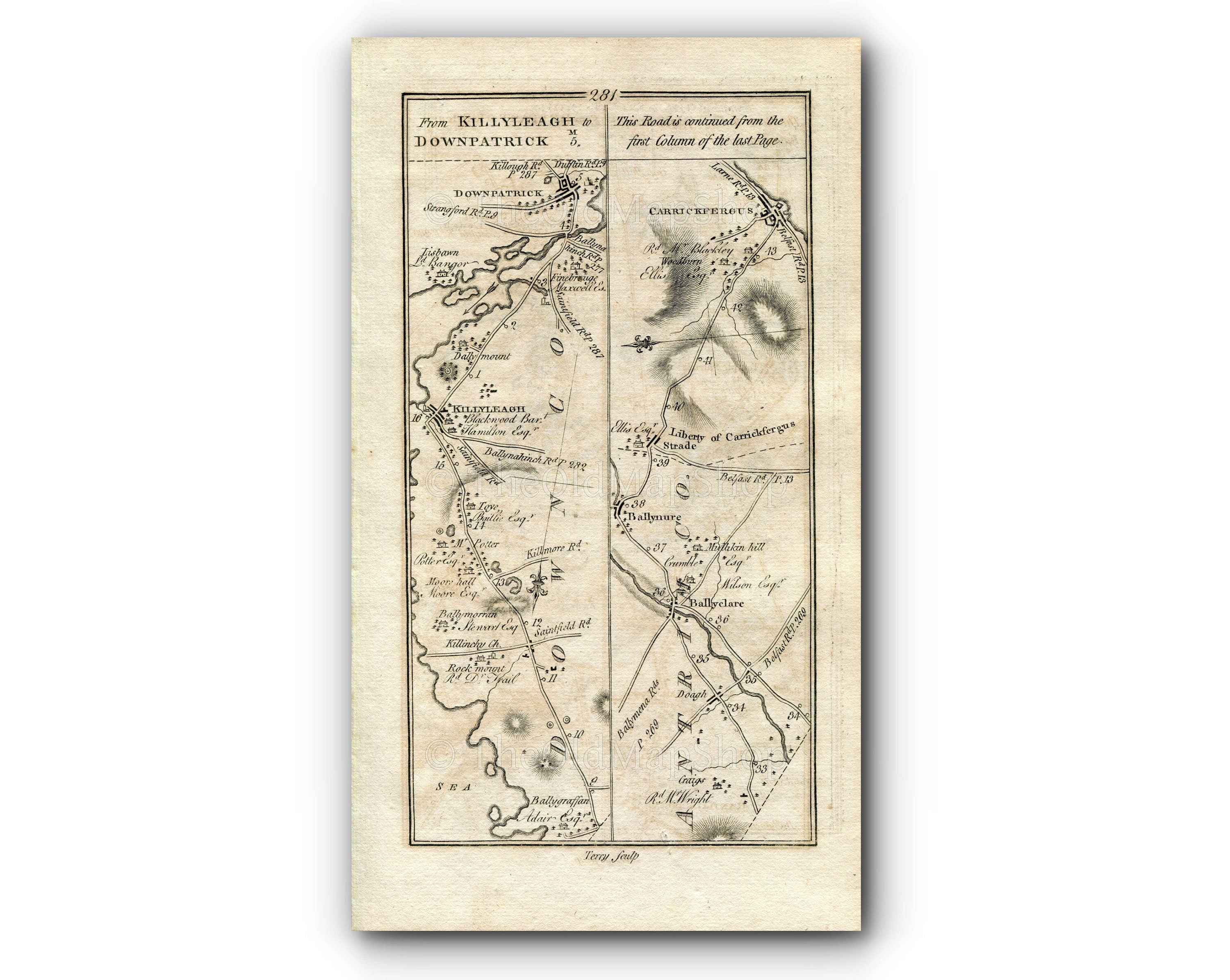 1778 Taylor & Skinner Antique Ireland Map 281/282 Killyleagh Downpatrick Ballyclare Carrickfergus Moira Hillsborough Ballynahinch Killyleagh