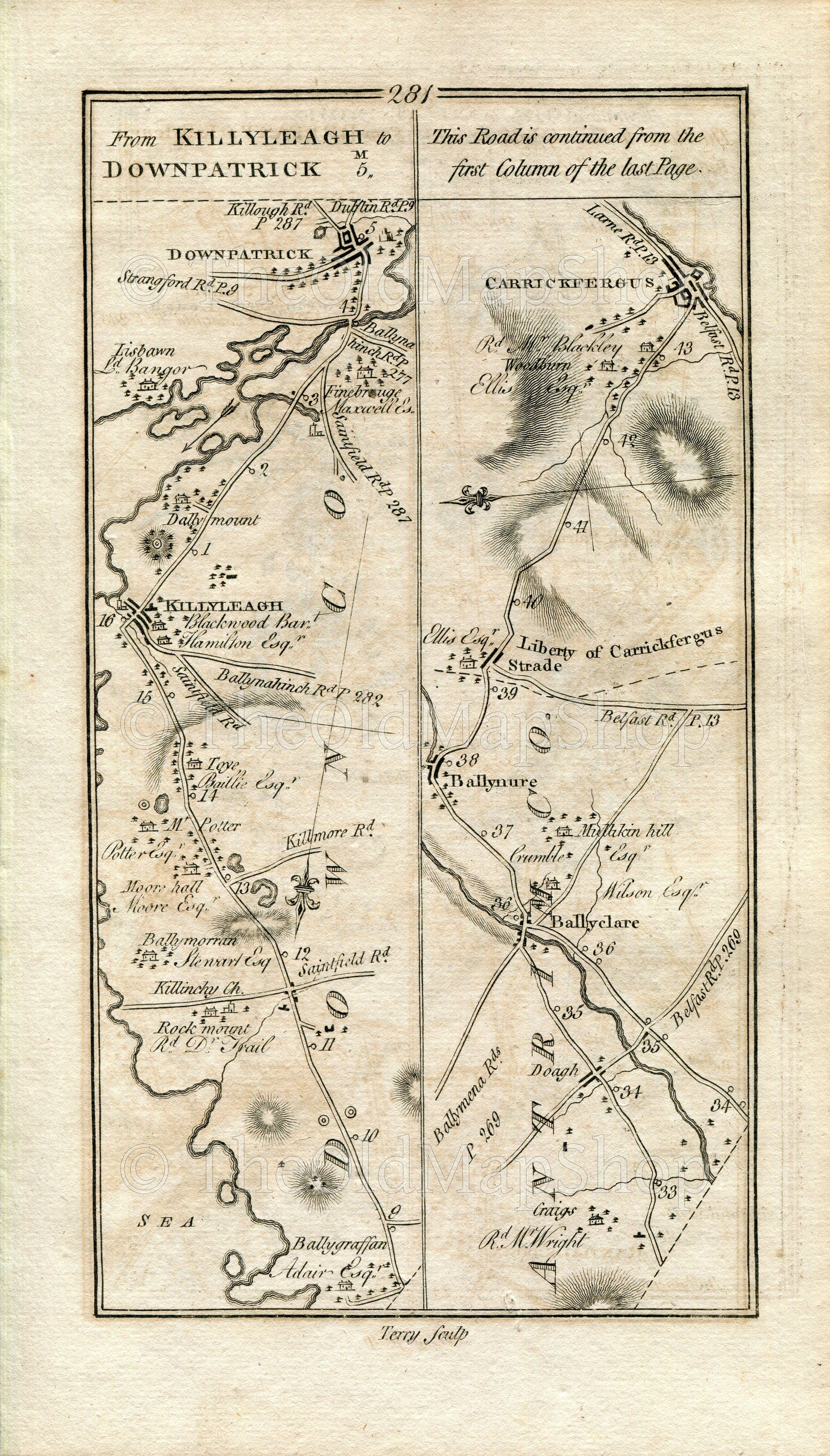 1778 Taylor & Skinner Antique Ireland Map 281/282 Killyleagh Downpatrick Ballyclare Carrickfergus Moira Hillsborough Ballynahinch Killyleagh