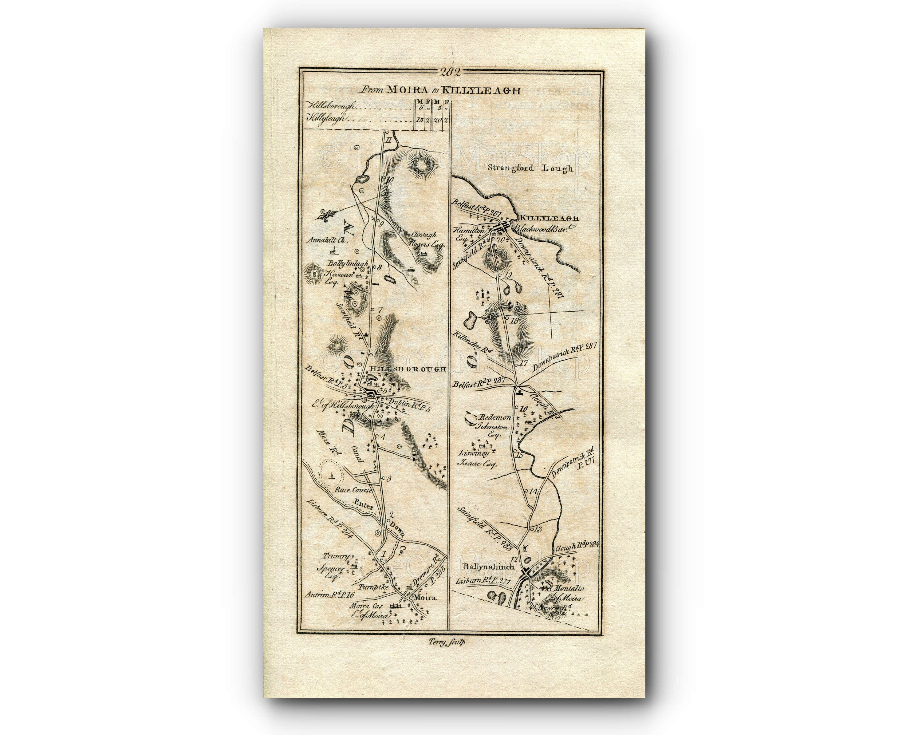 1778 Taylor & Skinner Antique Ireland Map 281/282 Killyleagh Downpatrick Ballyclare Carrickfergus Moira Hillsborough Ballynahinch Killyleagh
