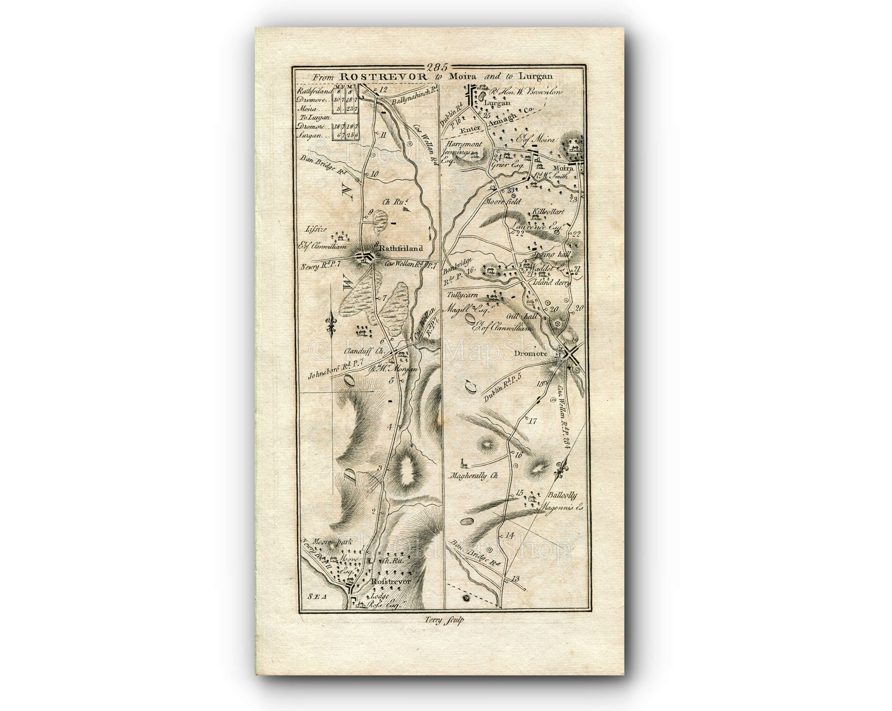 1778 Taylor & Skinner Antique Ireland Map 285/286 Rostrevor Rathfriland Dromore Lurgan Newry Belleeks Newtownhamilton Castleblayney Ballybay