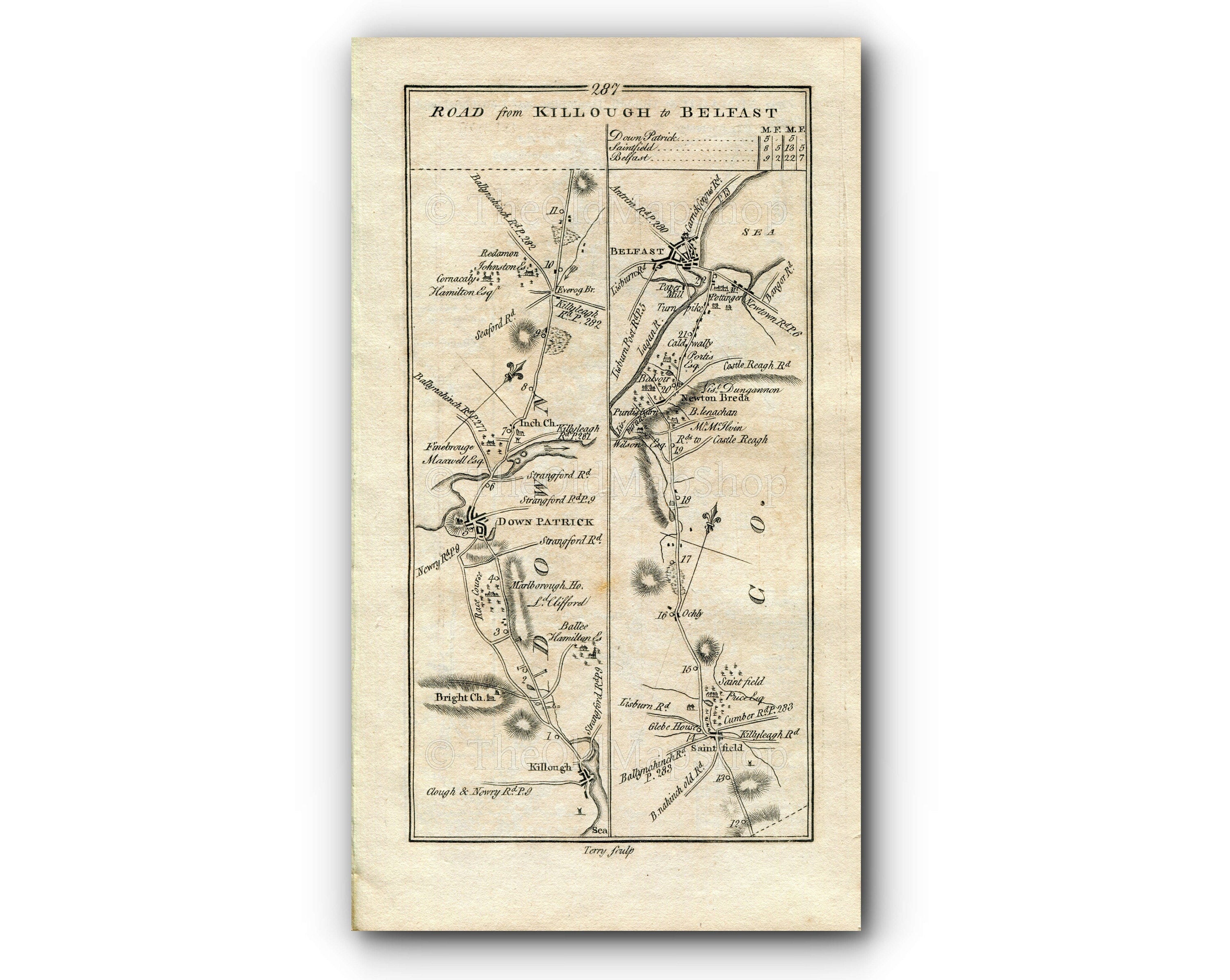 1778 Taylor & Skinner Antique Ireland Rd Map 287/288 Killough Downpatrick Saintfield Belfast Armagh Richhill Hamiltonsbawn Tandragee Gilford