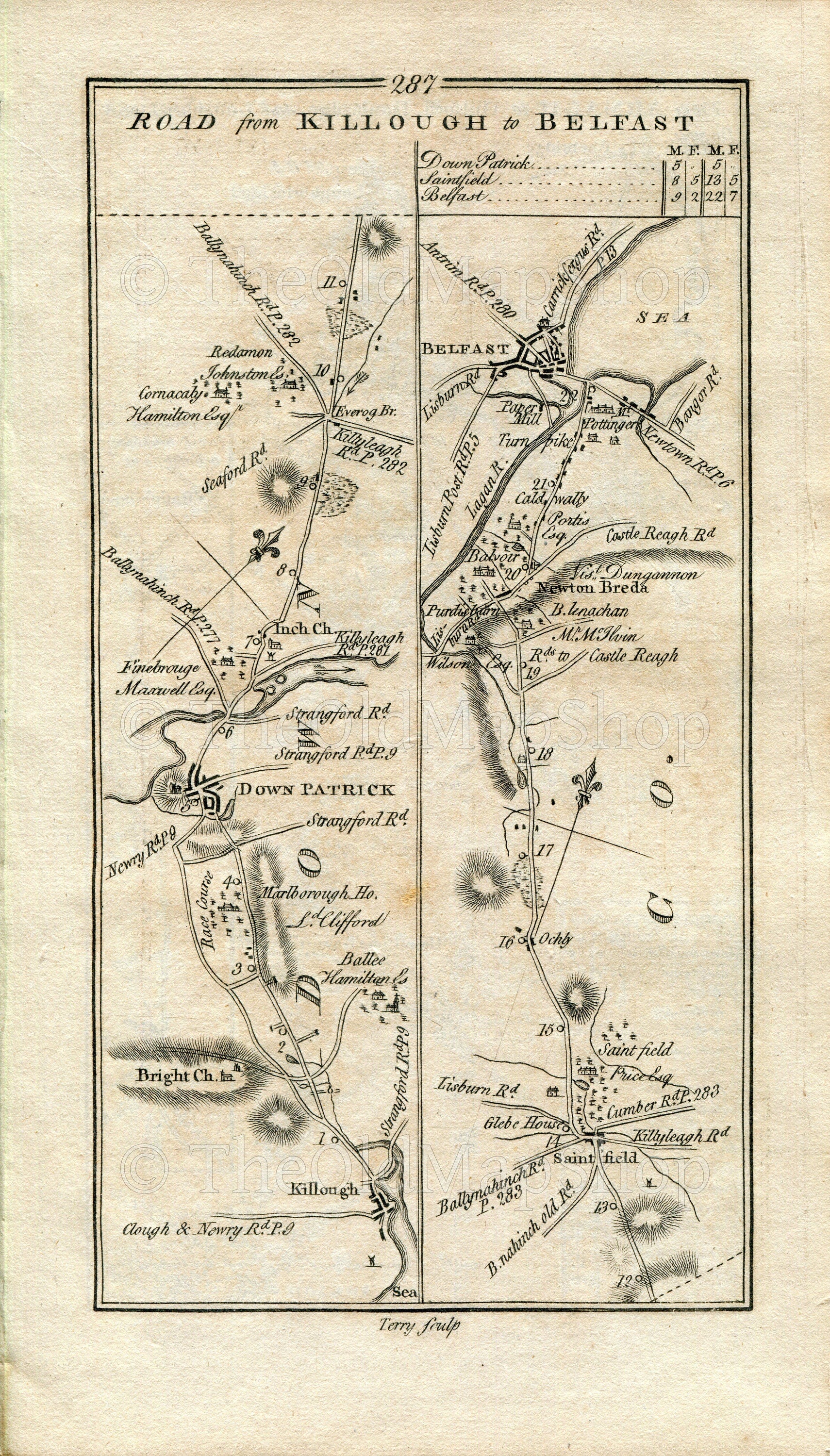 1778 Taylor & Skinner Antique Ireland Rd Map 287/288 Killough Downpatrick Saintfield Belfast Armagh Richhill Hamiltonsbawn Tandragee Gilford