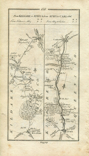 1778 Taylor & Skinner Antique Ireland Map 155/156 Leighlinbridge Tullow Hacketstown Shillelagh Kildare Nurney Kilmead Athy Bestfield Carlow