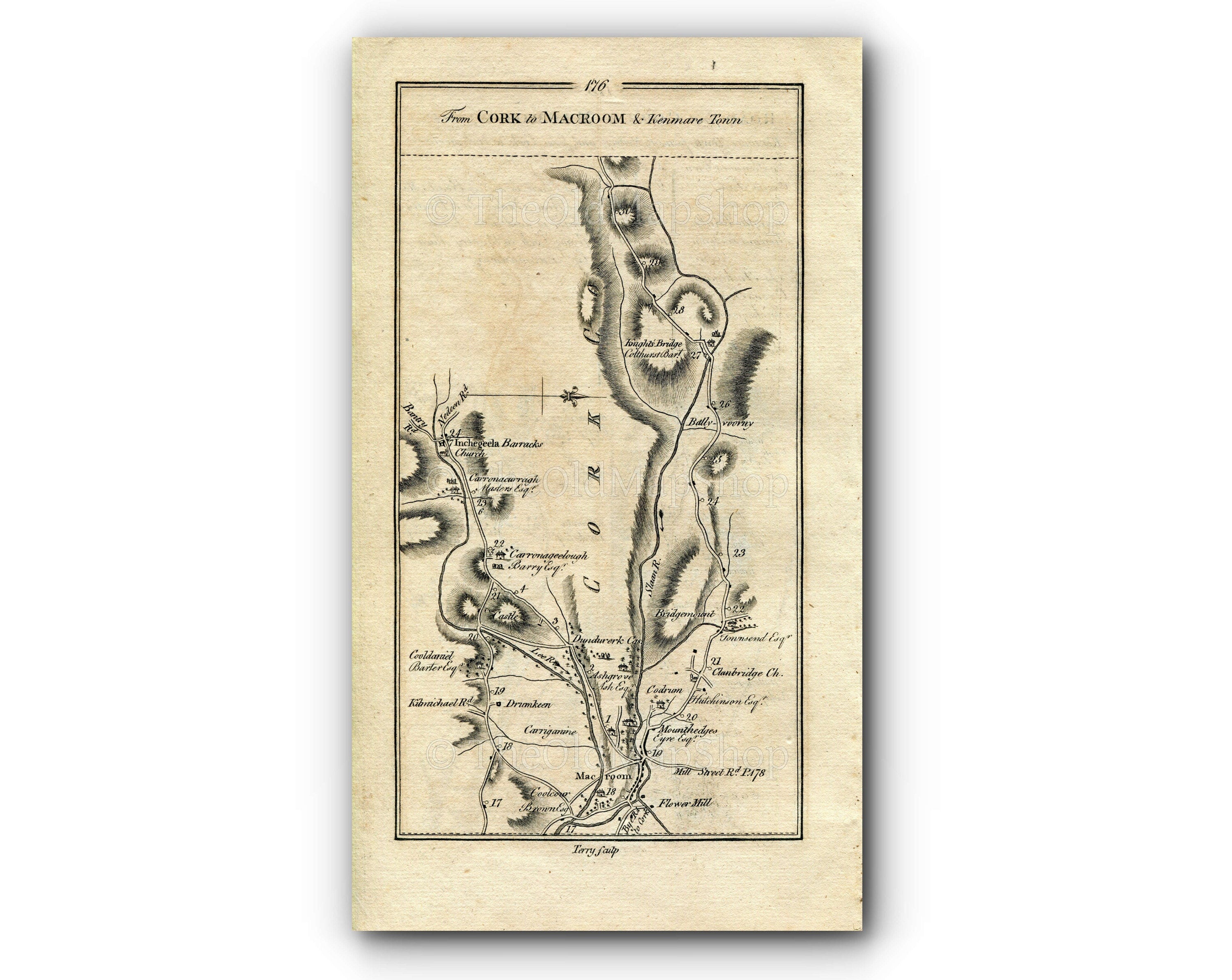 1778 Taylor & Skinner Antique Ireland Road Map 175/176 Cork, Carrigrohane, Warrenscourt, Coolcower, Macroom, Inchigeelagh, Ballyvourney